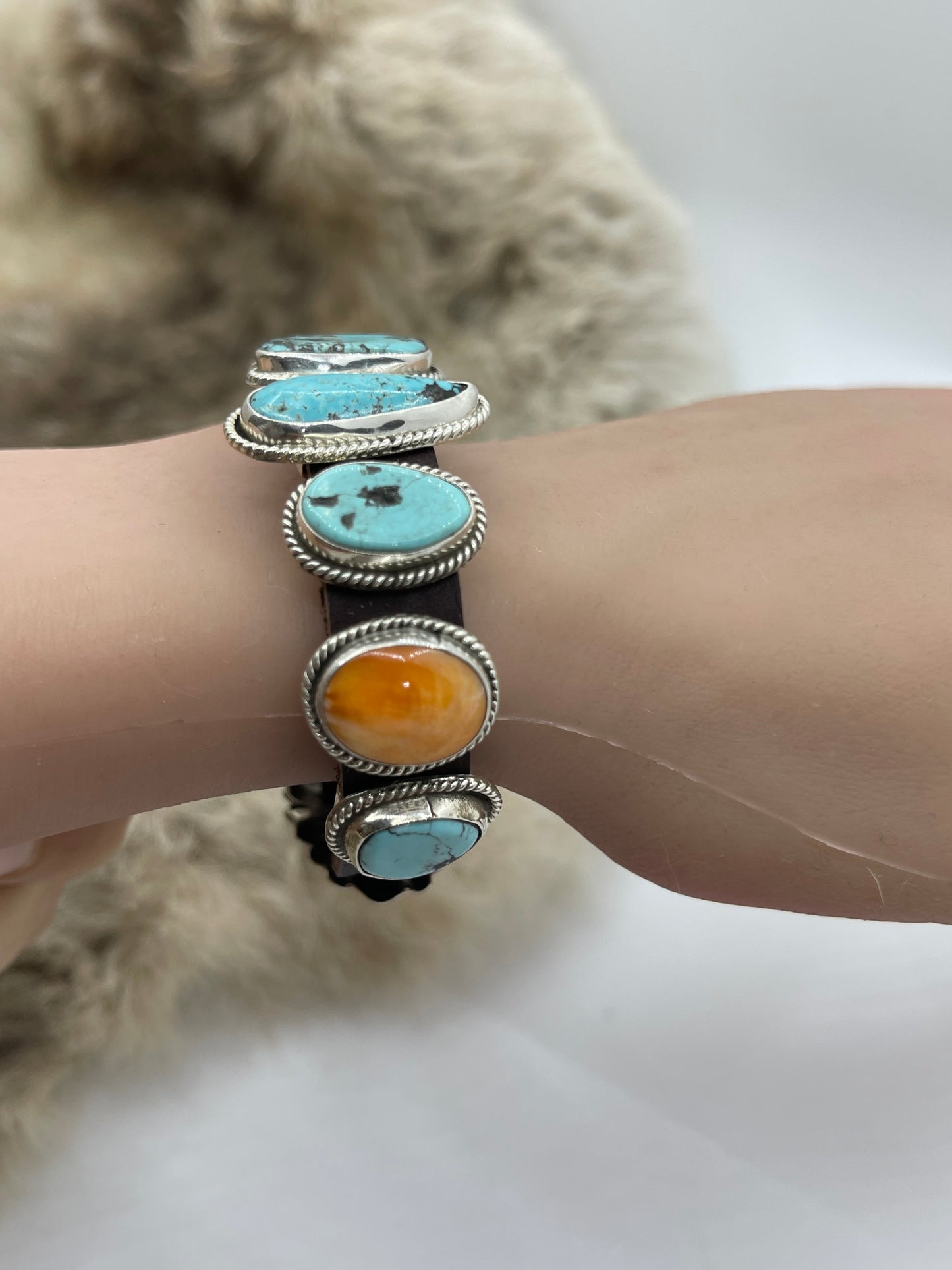 6.25”-9” 7 Stone Turquoise & Spin Oyster Bracelet on Leather by “BW”, Navajo