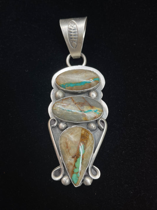 12.7mm Bale 3 Stone Boulder Ribbon Turquoise Pendant by Delbert Secatero, Navajo