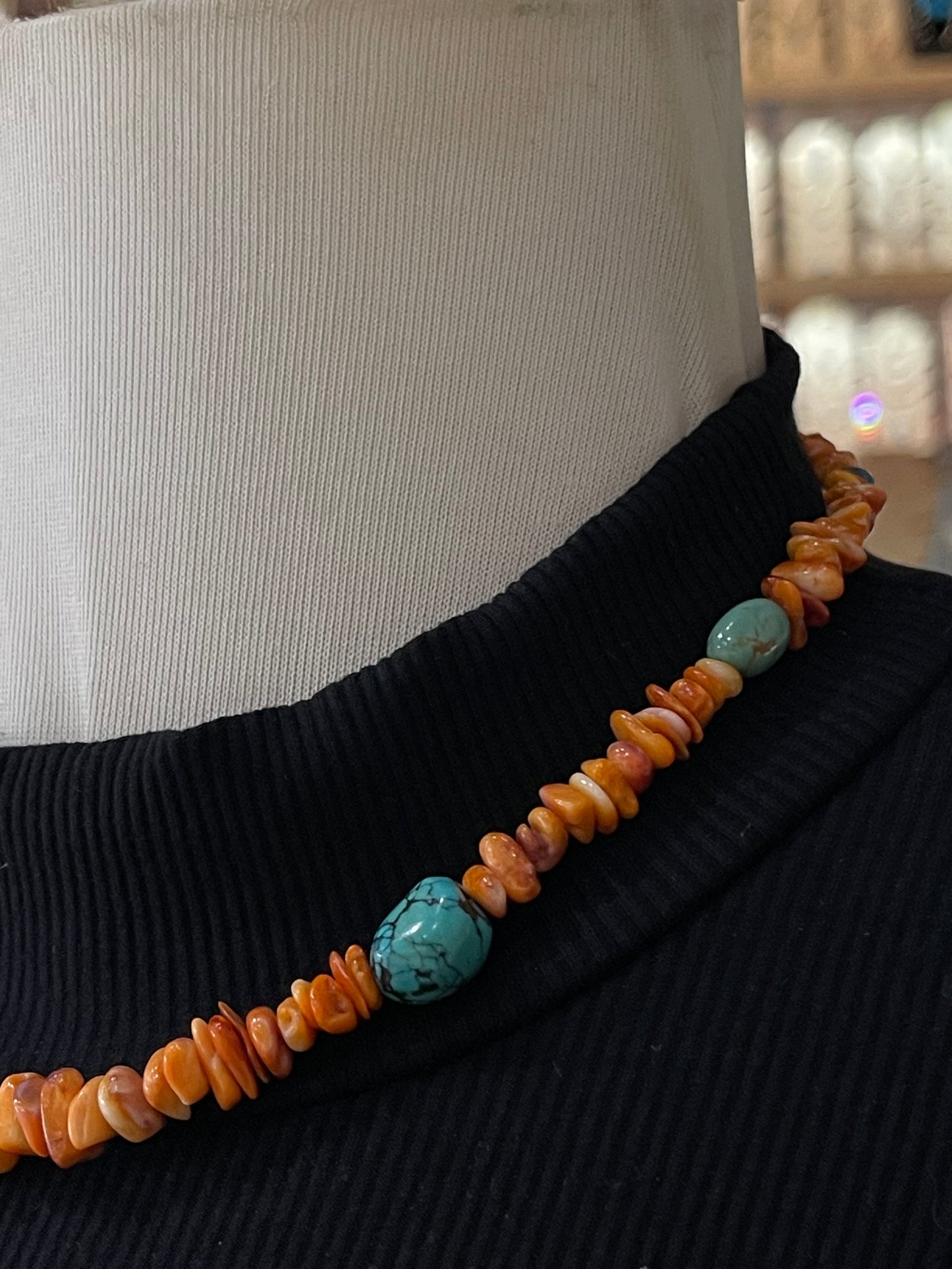 18" Orange Spiny Oyster Shell Nuggets and Turquoise Necklace by Tammy Nolcott, Navajo