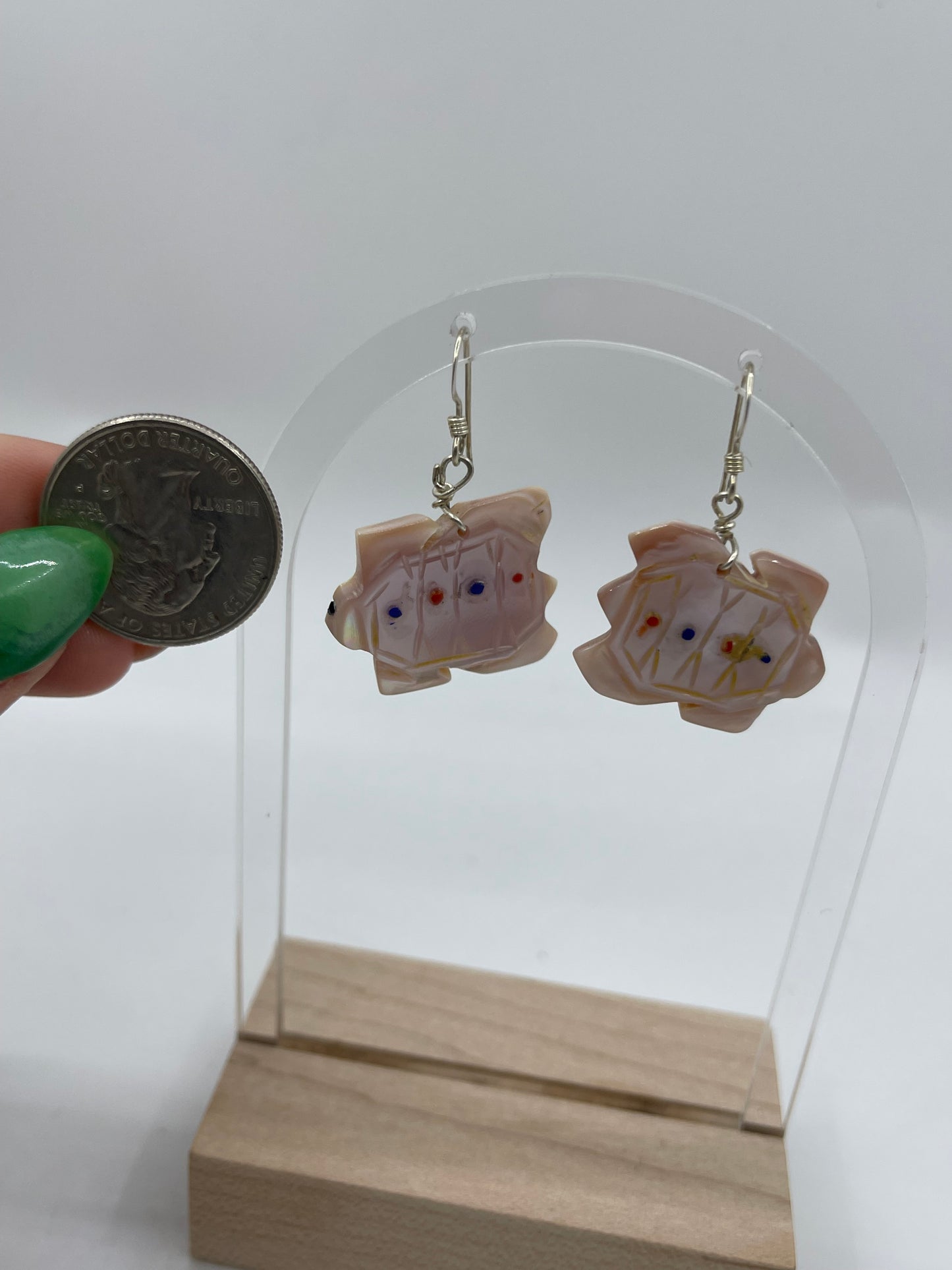 Carved Mother of Pearl Turtle Dangle Earrings by Danny Lonjose, Zuni