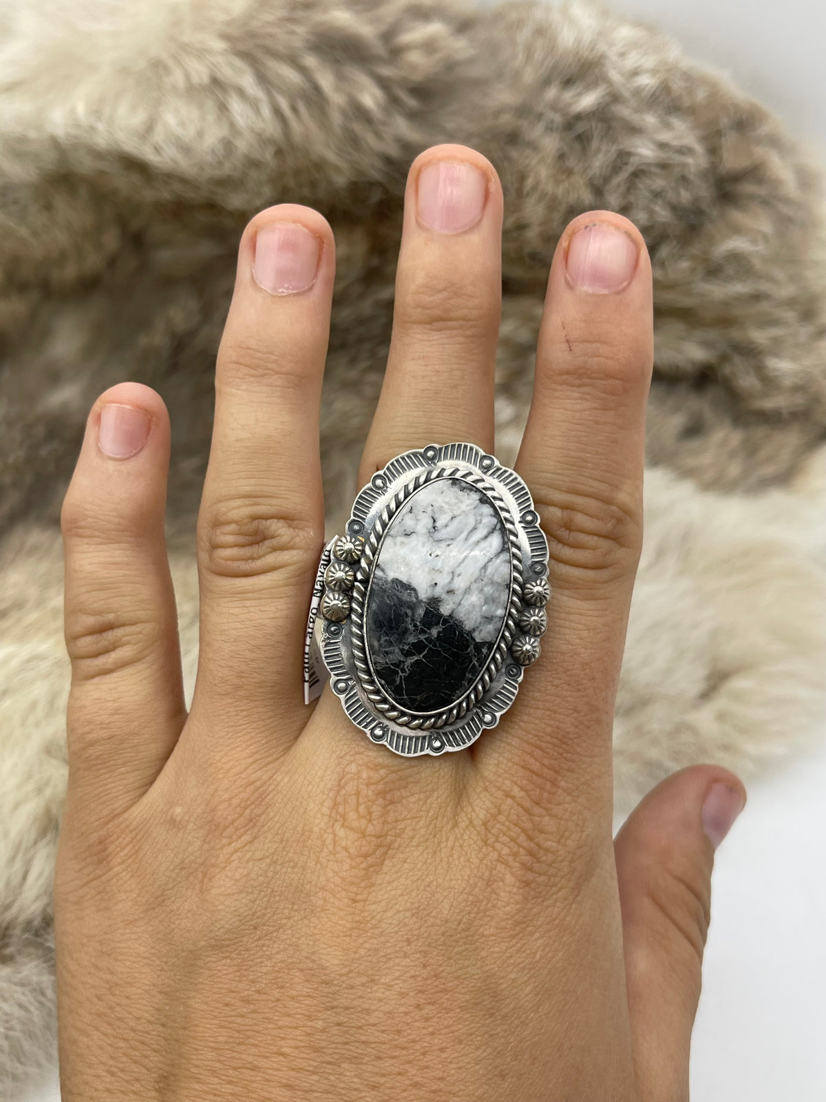 LOT 24 C 9/6 Adjustable 7.0-10.0 White Buffalo Ring with Stamped "L" by Artist