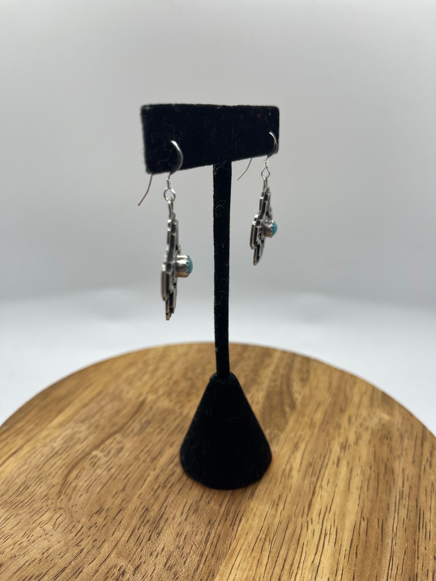 Turquoise Zia Symbol Silver Overlay Dangle Earrings by Kenny Lonjose, Navajo