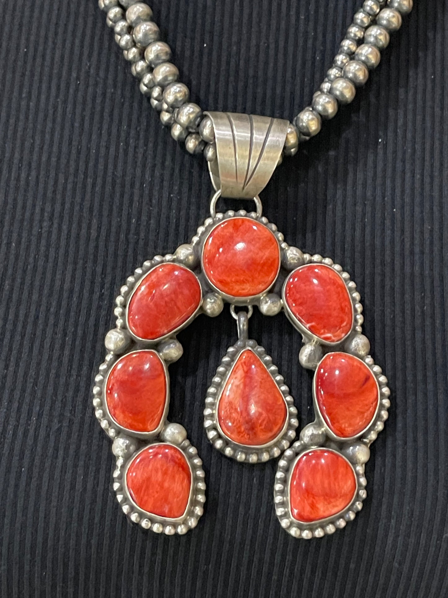 19" 3 Strand Navajo Pearls with a 8 Stone Red Spiny Oyster Pendant with a 17mm Bail by Augustine Largo, Navajo