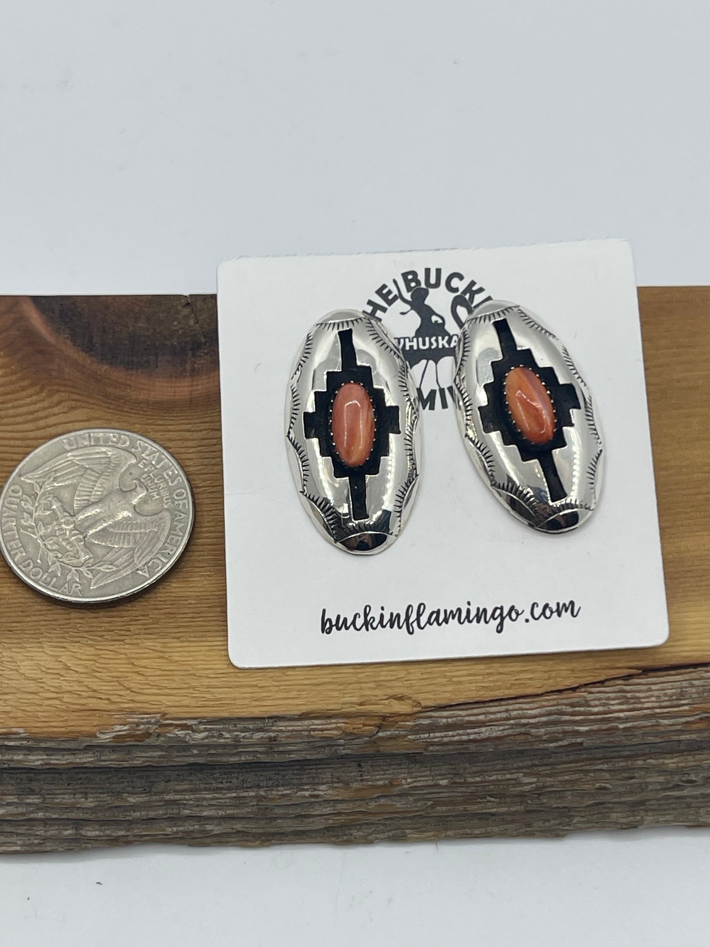 Orange Spiny Oyster Shell Oval Shadowbox Post Earrings by Felix Perry, Navajo