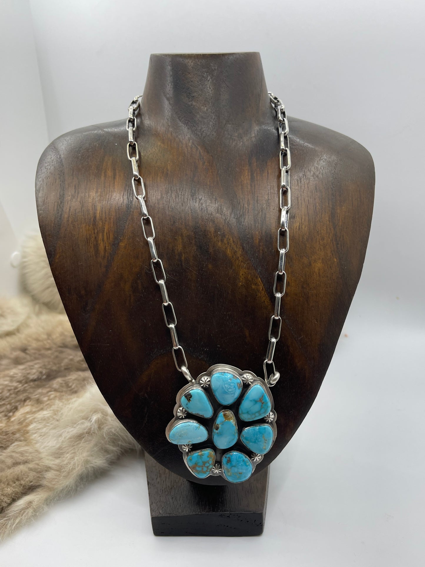 18" High Grade Kingman Turquoise Cluster Necklace by Gabby Jurado, Navajo