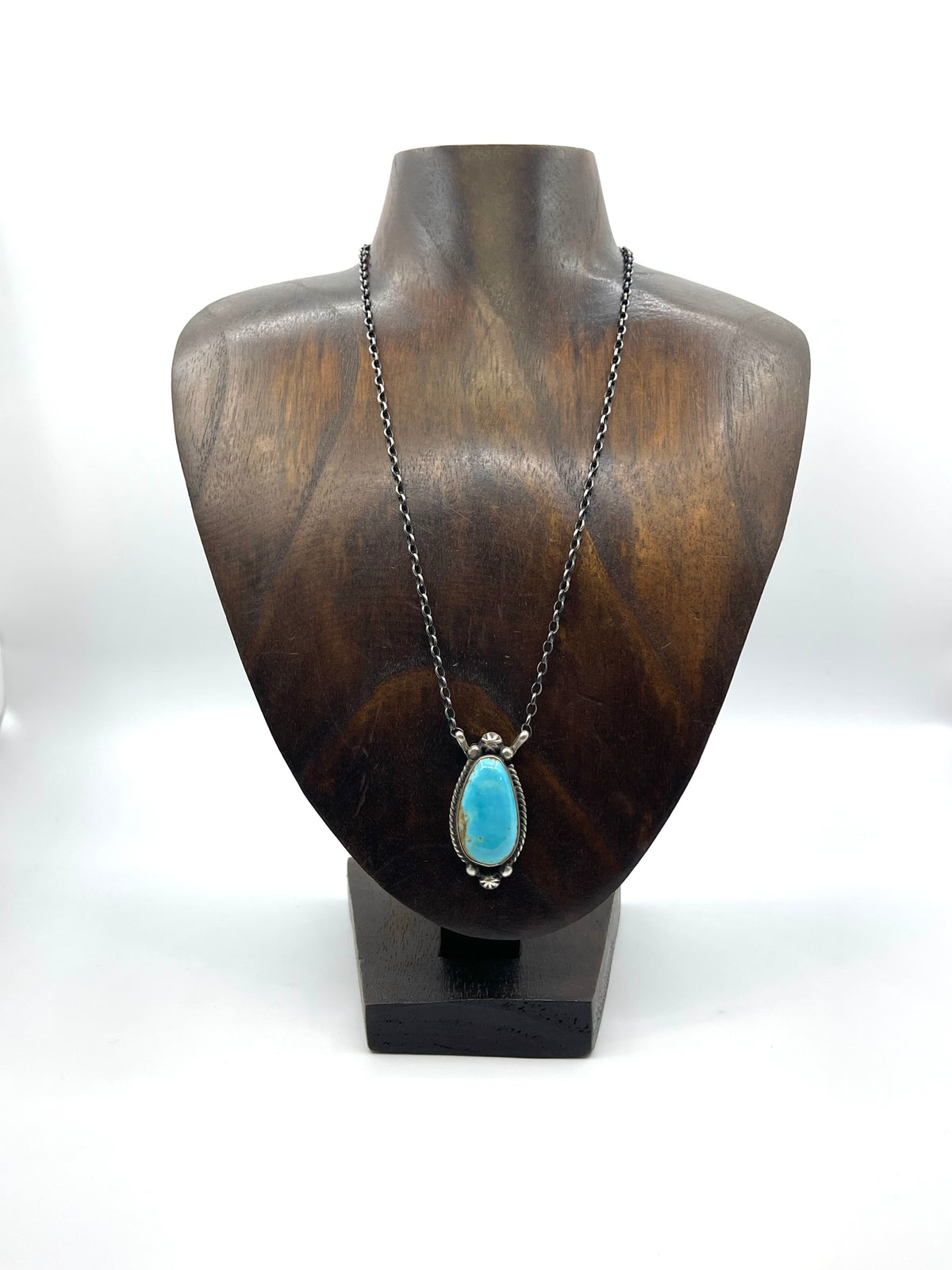 18" Kingman Turquoise Teardrop Shaped Necklace by Augustine Largo, Navajo