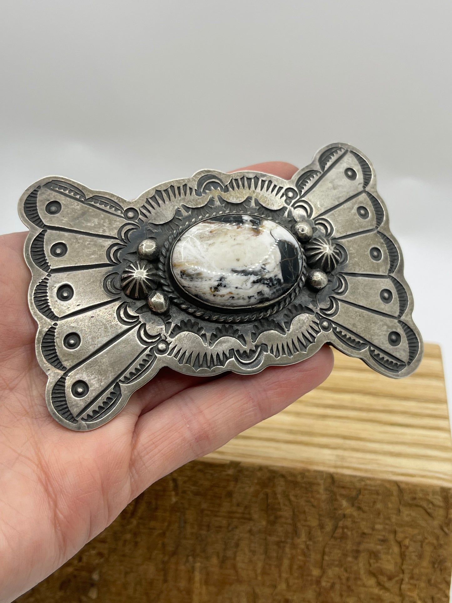 Belt Buckle with White Buffalo by Chimney Butte, Navajo