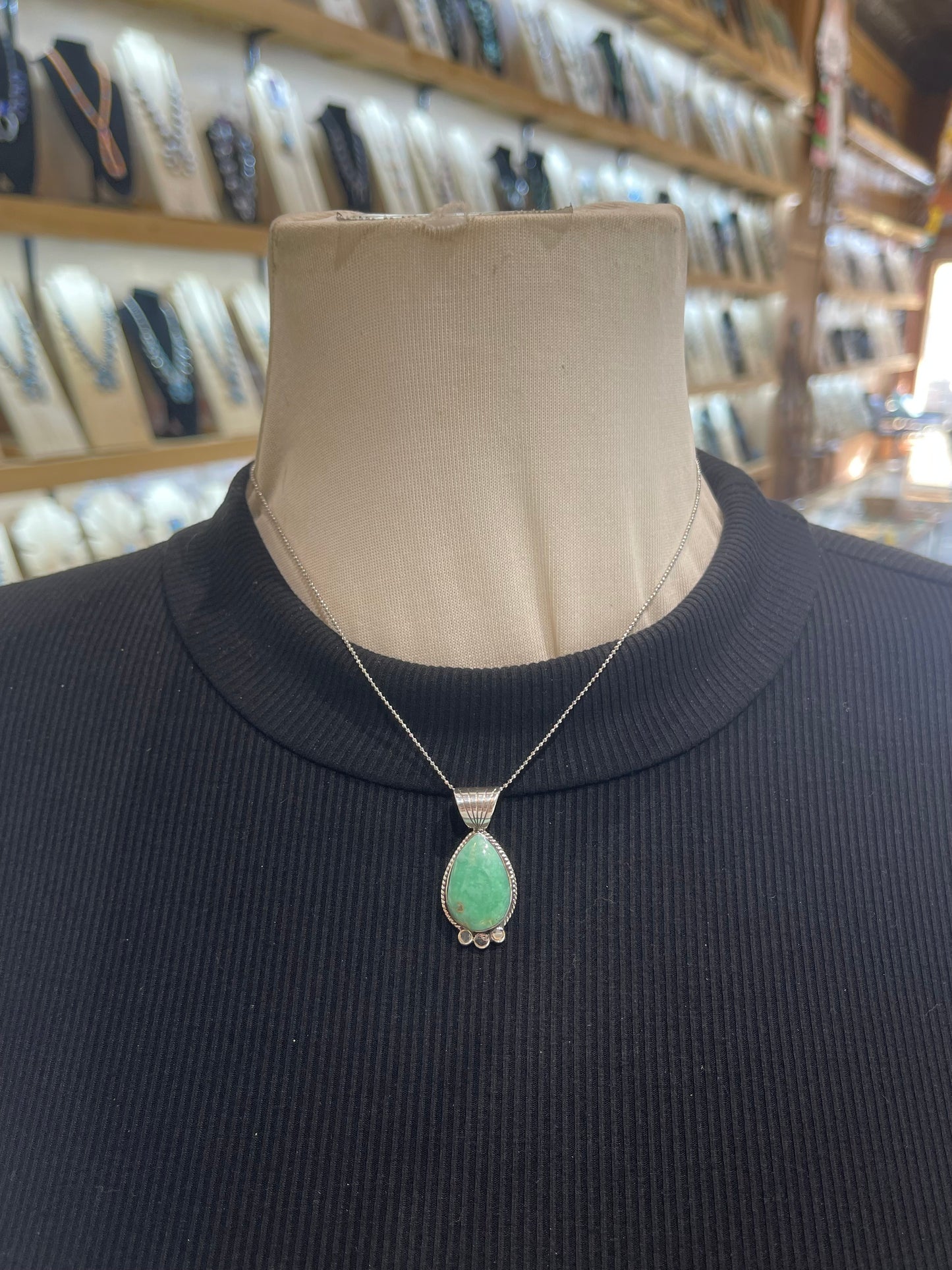 16" Green Kingman Turquoise Pendant By Sadie Jim, Navajo