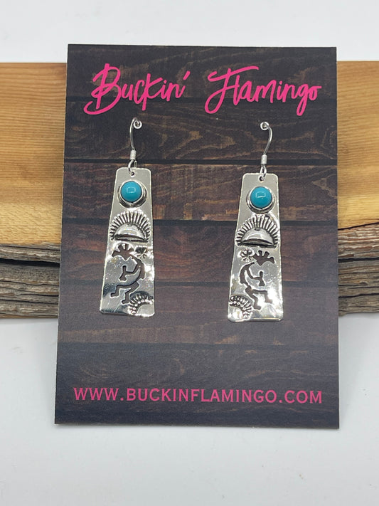 Turquoise Kokoopelli Dancer Dangle Earrings by Jeff James Jr, Navajo