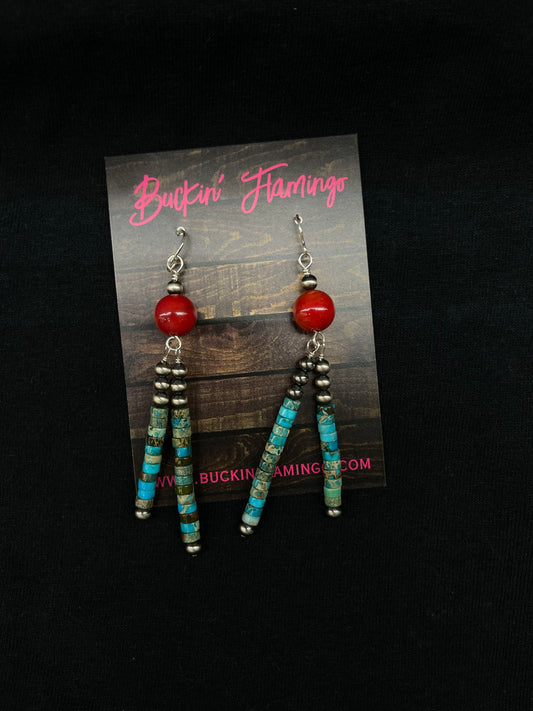 Red Coral with 4mm Navajo Pearls and Turquoise Heishi Bead Dangle Earrings