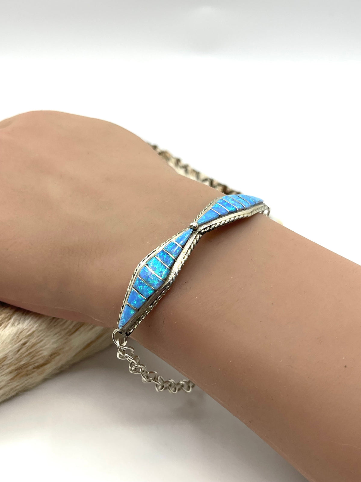 7.5” & Smaller Blue Opal Link Bracelet by Jeff Peynetsa, Zuni