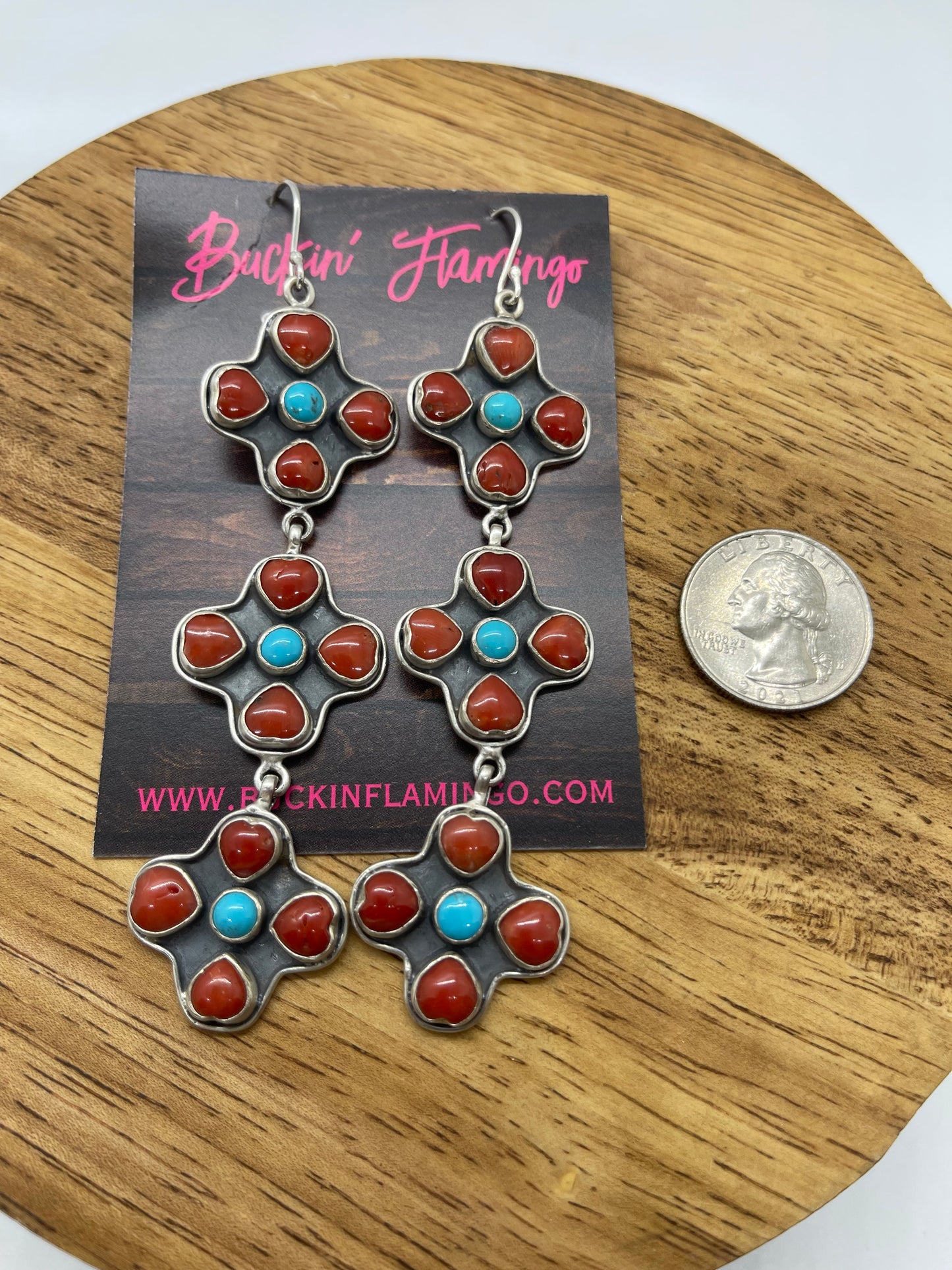4" Coral and Turquoise Heart Cluster Dangle Earrings