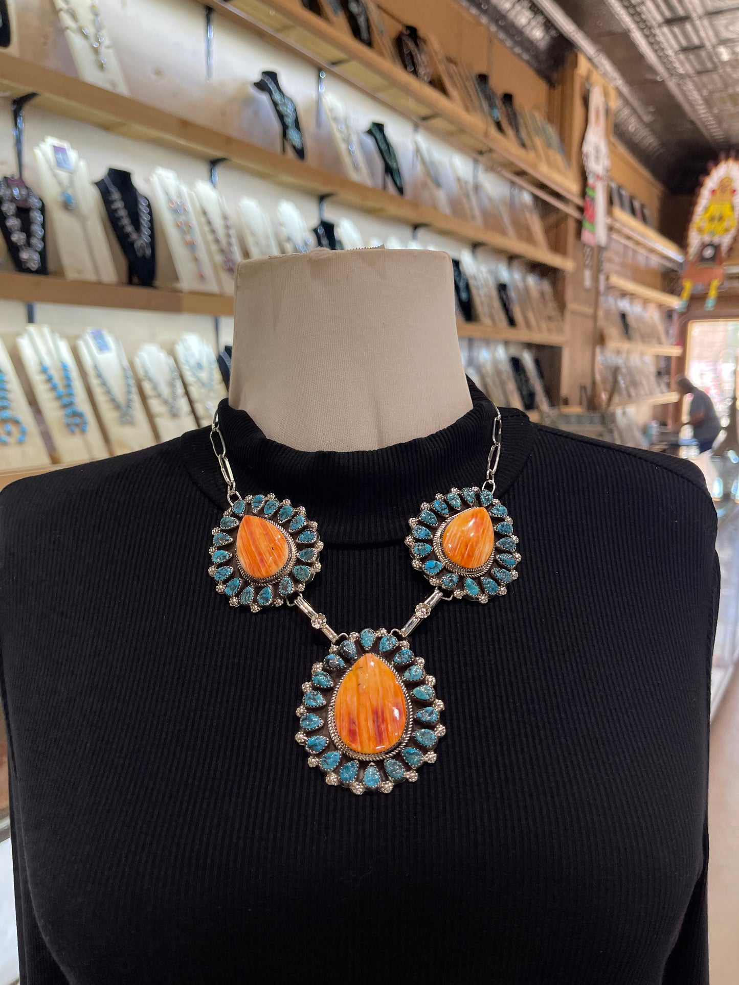 18" Spiny Oyster & Turquoise Cluster Necklace & Earring Set by Darlene Begay, Navajo