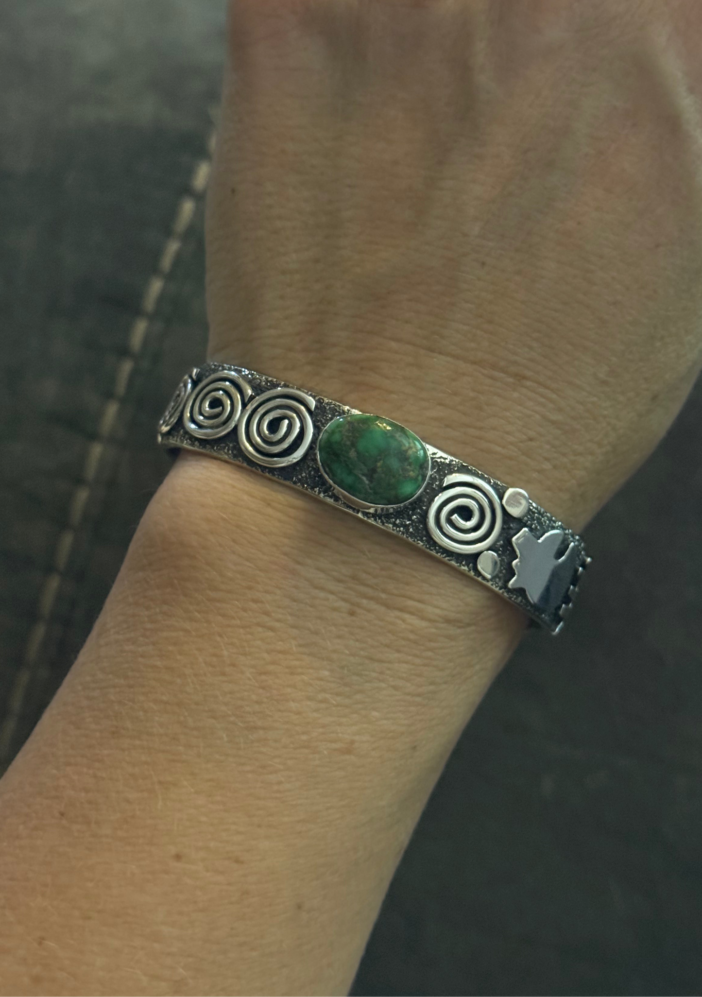 Petroglyph Cuff with Sonoran Gold Turquoise by Alex Sanchez, Navajo (narrow)