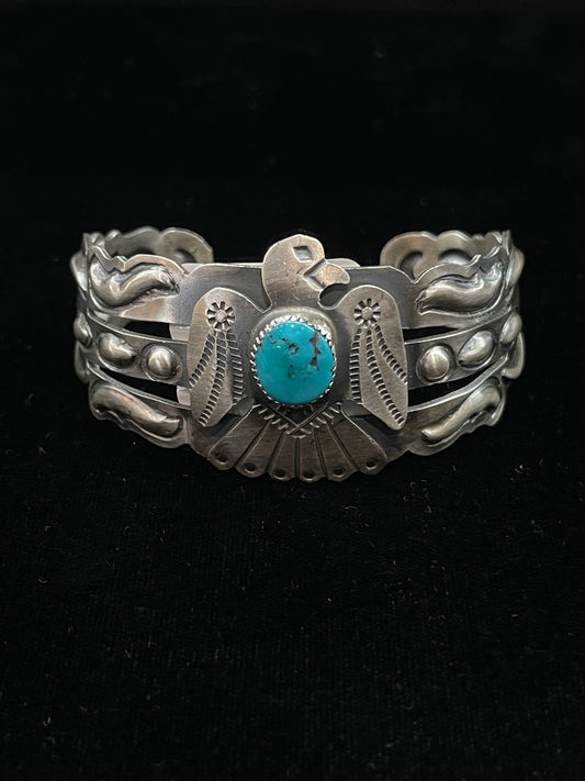 5 1/2"- 6 3/4" Turquoise Thunderbird Cuff by Tim Yazzie, Navajo