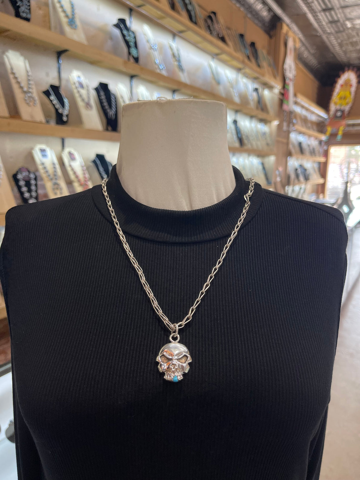 24” Handmade Chain by Sylvia Lee, Navajo Skull Pedant by Virick Laweka, Zuni