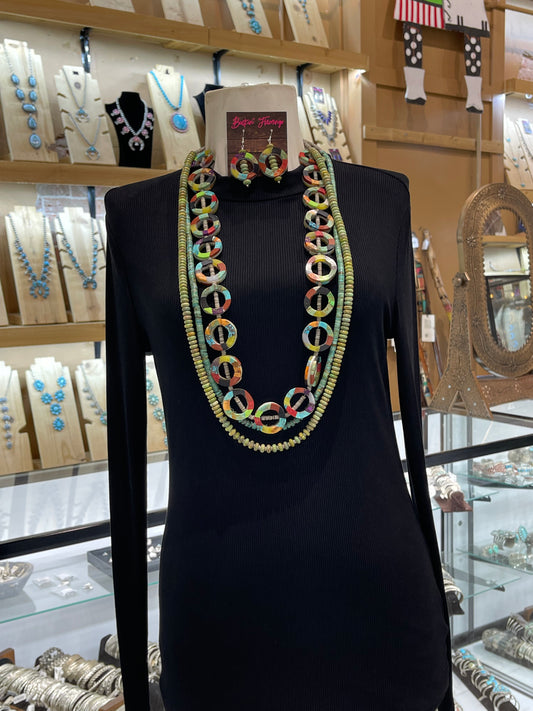 38" 3 Strand Turquoise Necklace and Earring Set