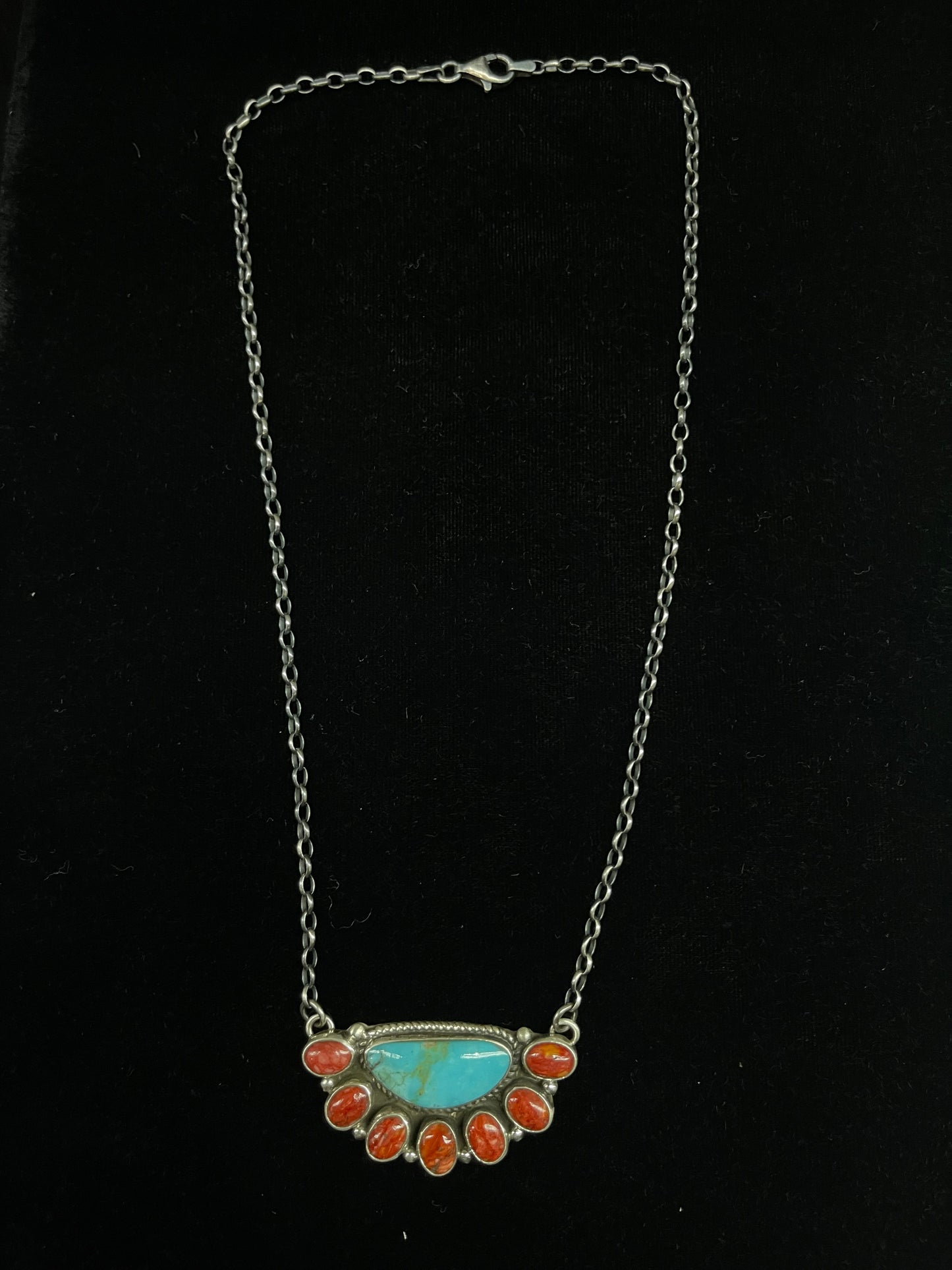 Red Spiny Oyster and Turquoise Half Cluster Necklace