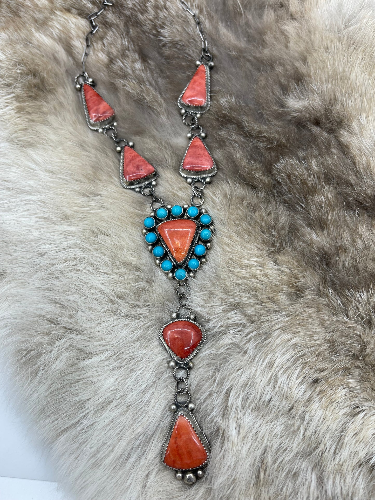 24" Turquoise & Spiny Oyster Shell Cluster Lariat, Navajo Made