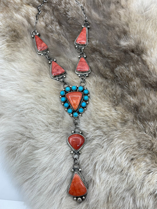 24" Turquoise & Spiny Oyster Shell Cluster Lariat, Navajo Made