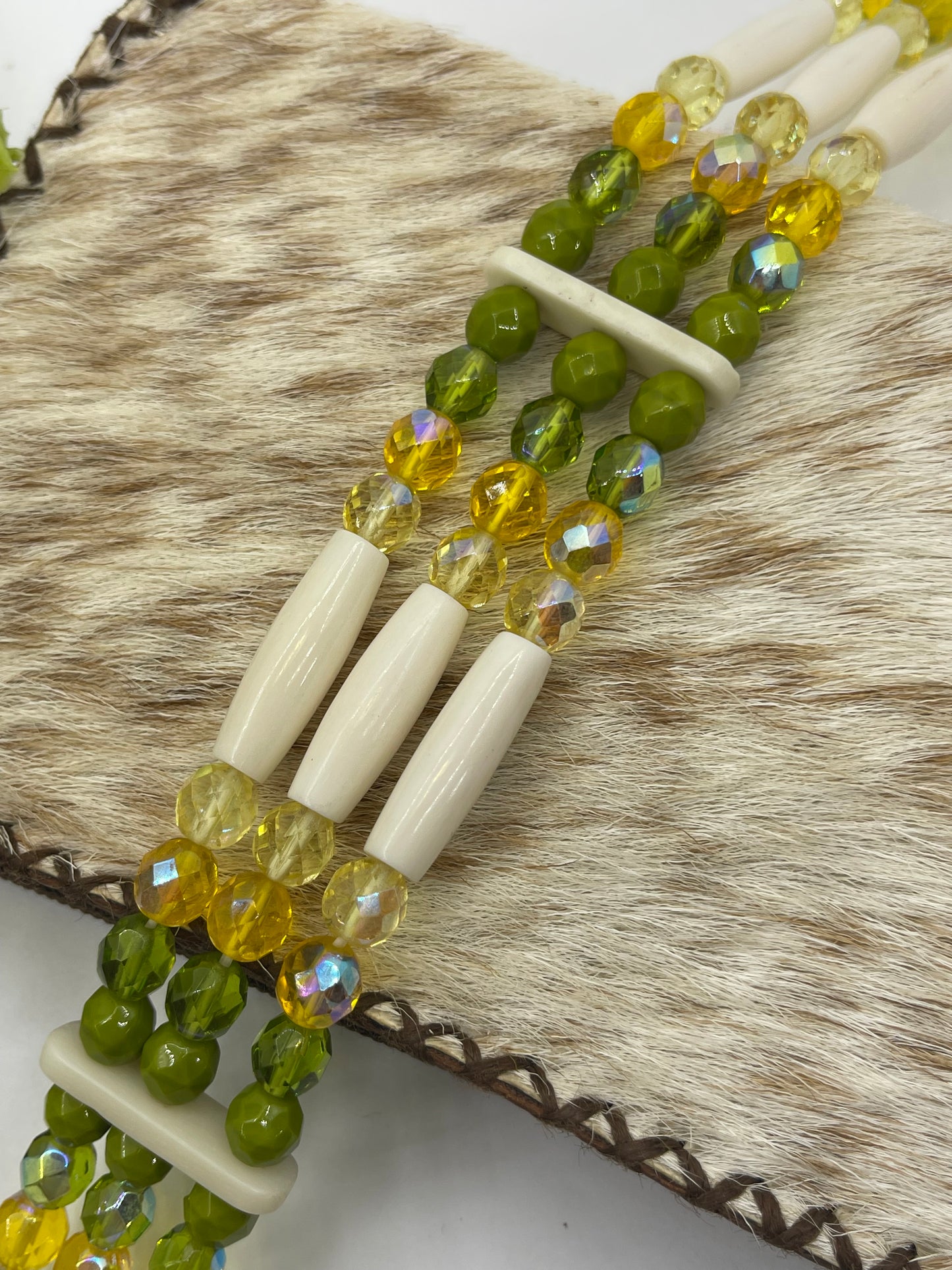 16" Yellow & Green Beaded Necklace Made from Glass & Bone