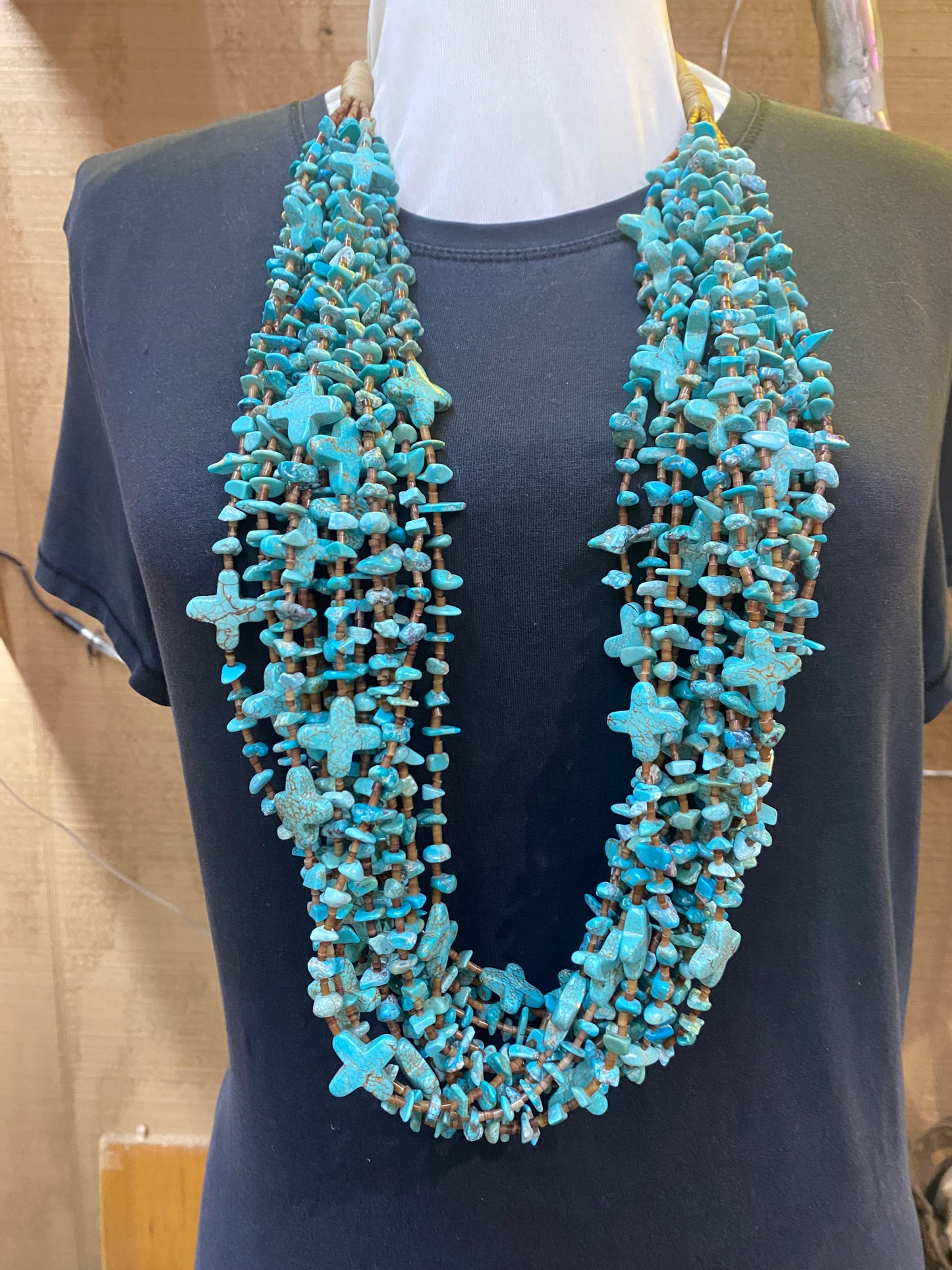 14 Strand Cerrillos Turquoise and Pinshell Necklace by Jolene Bird