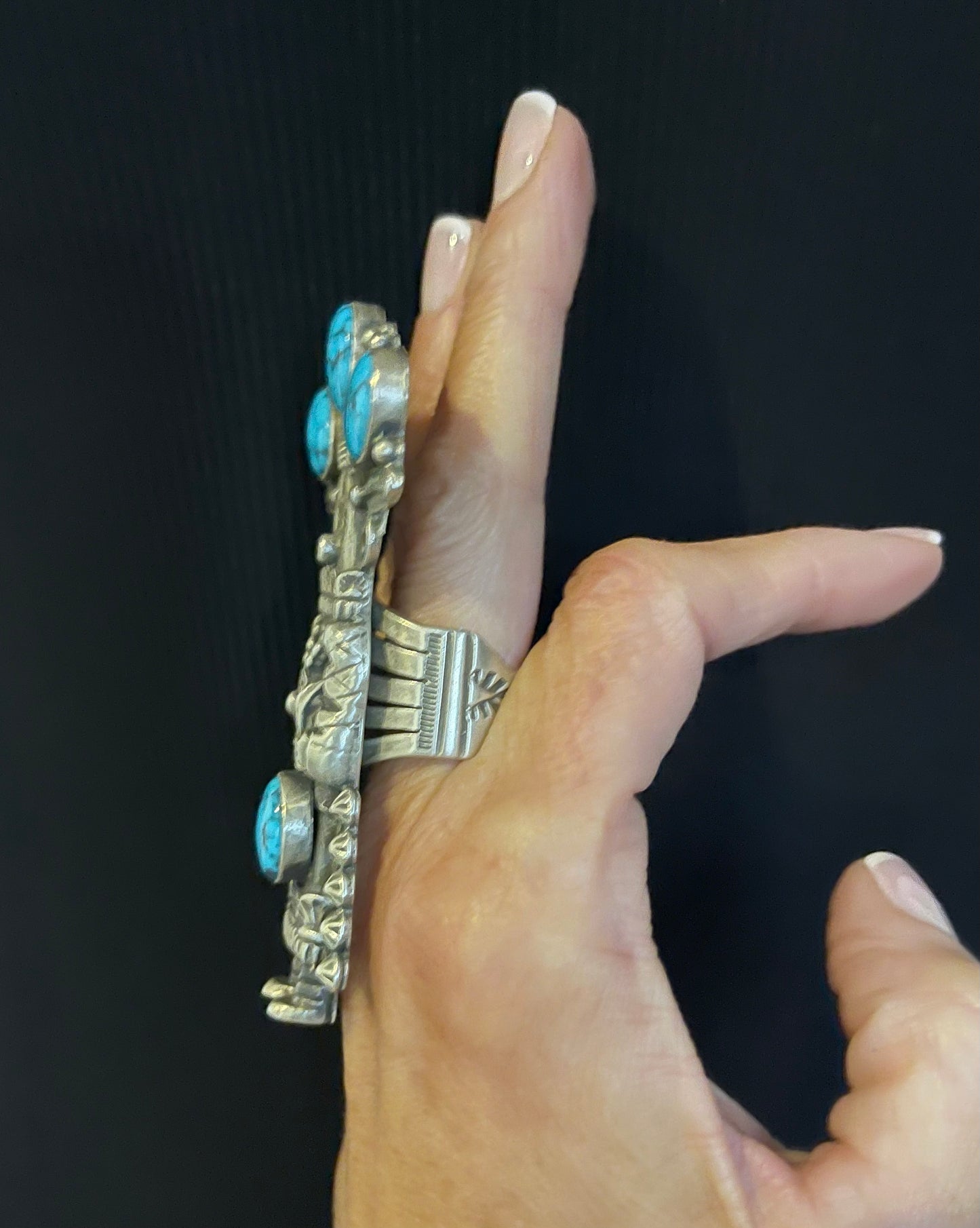 7.5 Kachina Kingman Web Turquoise Ring by Patrick Yazzie, Navajo