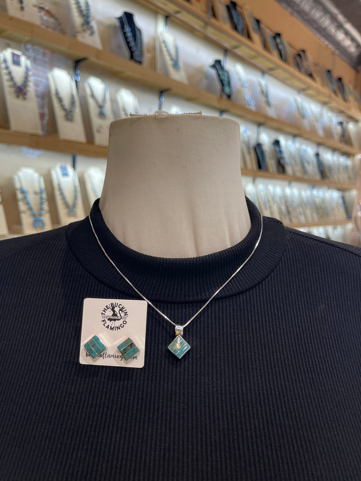 18" 5.9mm Bail Turquoise Inlay Earring & Necklace Set by Michelle Haloo, Zuni