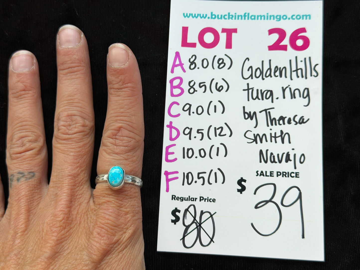 LOT 26 B 8/9 Golden Hills Turquoise Ring by Theresa Smith, Navajo