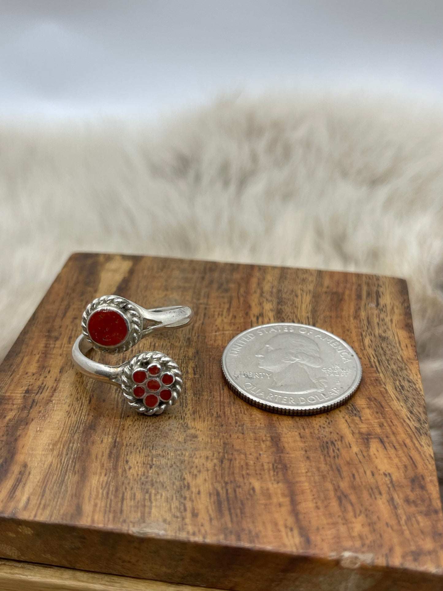 Adjustable 7.0-12.0 Red Coral Ring By Devin Quam, Zuni