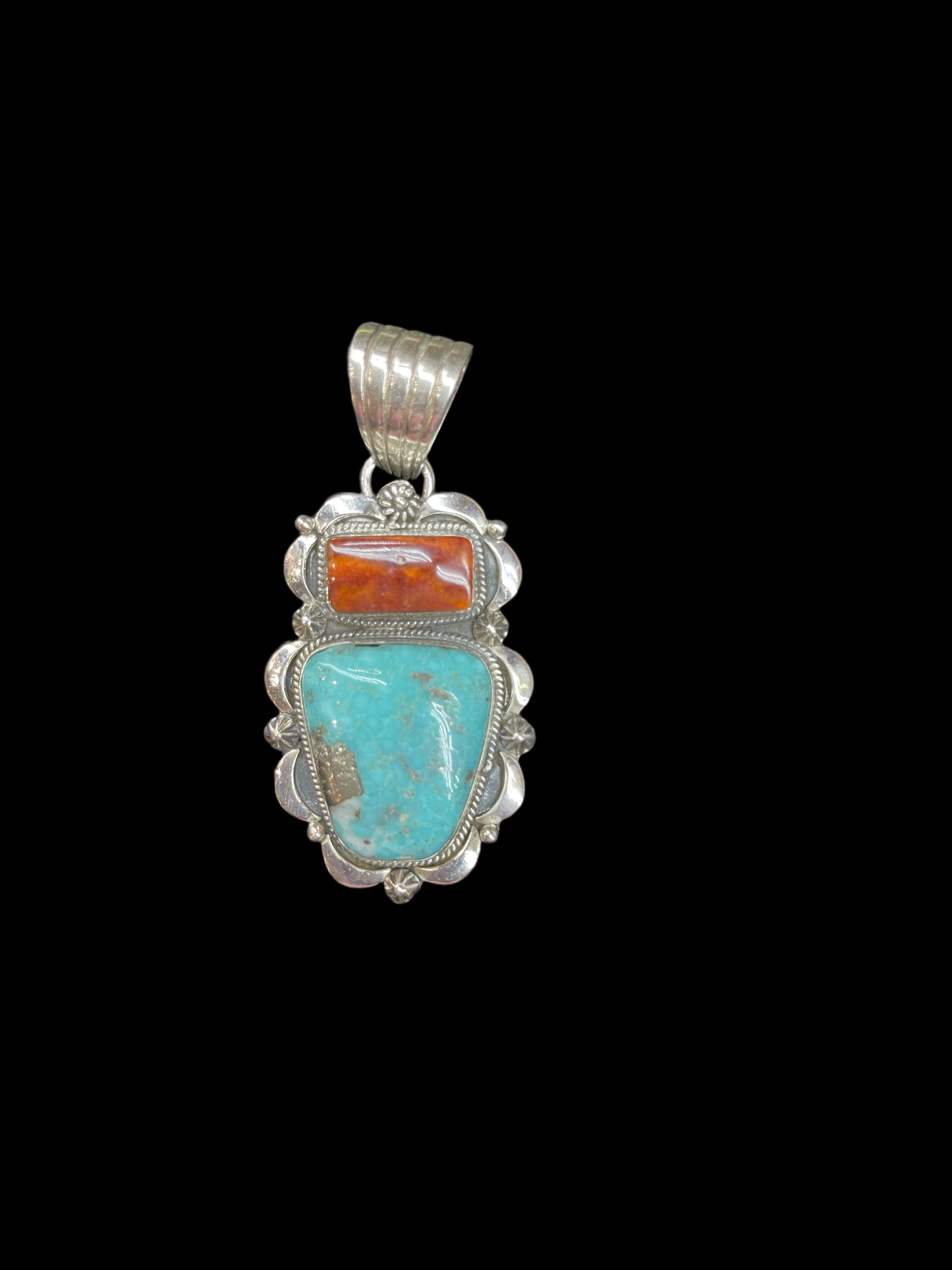 2 Stone Red Spiny Oyster Shell and Turquoise Pendant