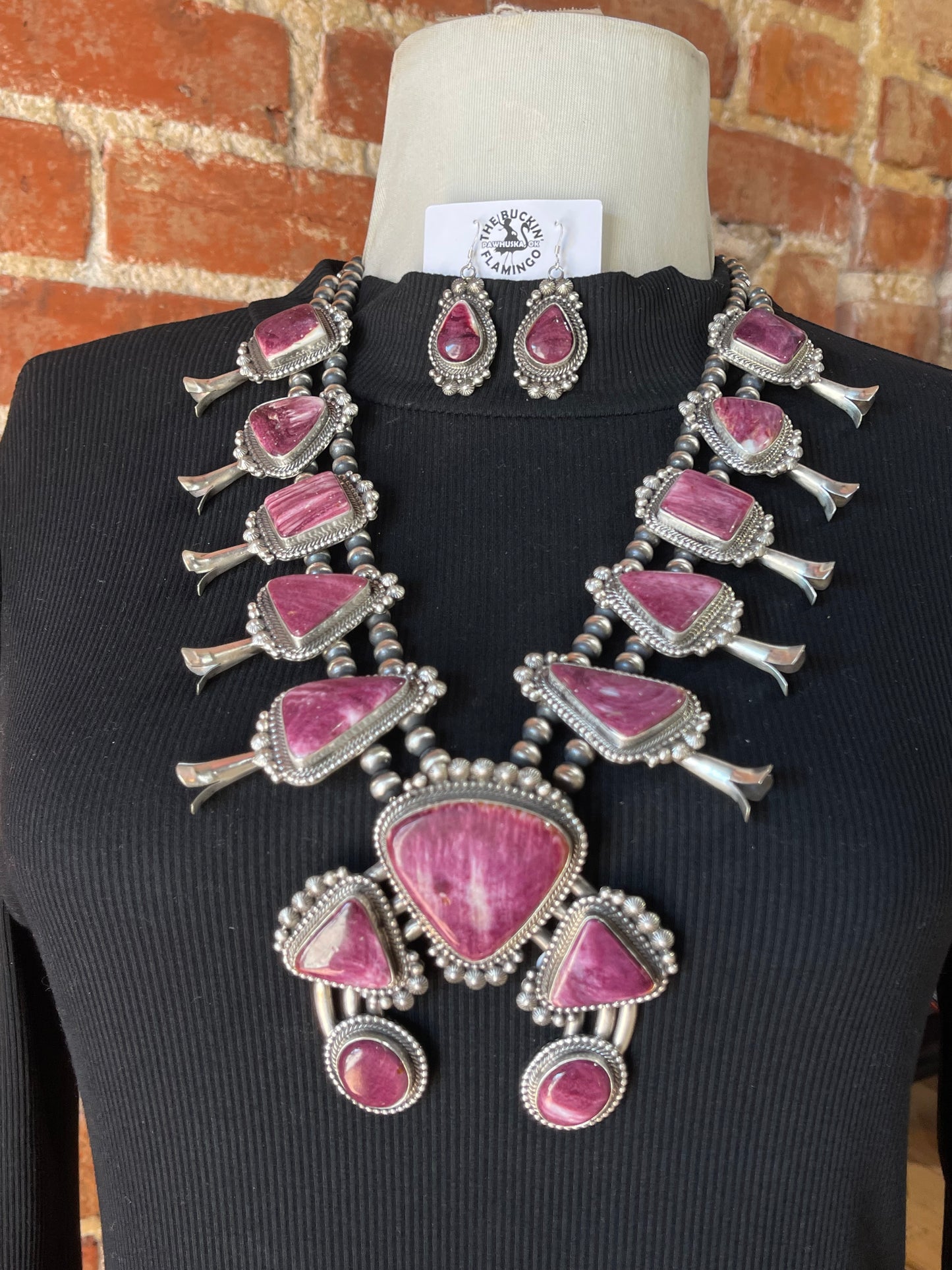 LOT 6 5/31 24" Purple Spiny Squash Blossom and Matching Earrings Set by Tom Lewis, Navajo