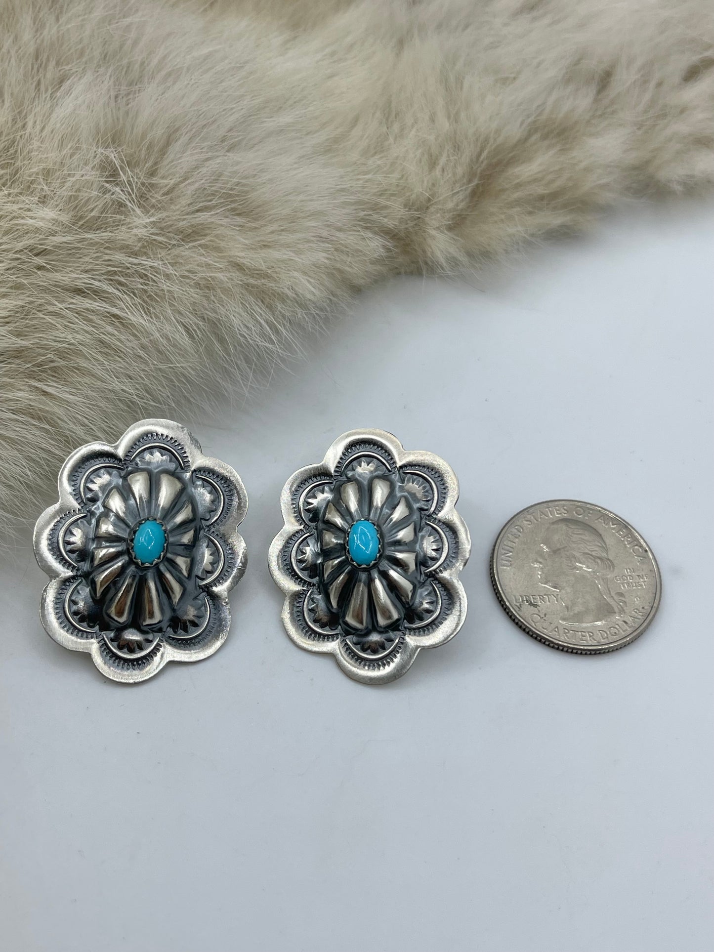 Stamped Oval Concho Earrings by Lavina Benally, Navajo