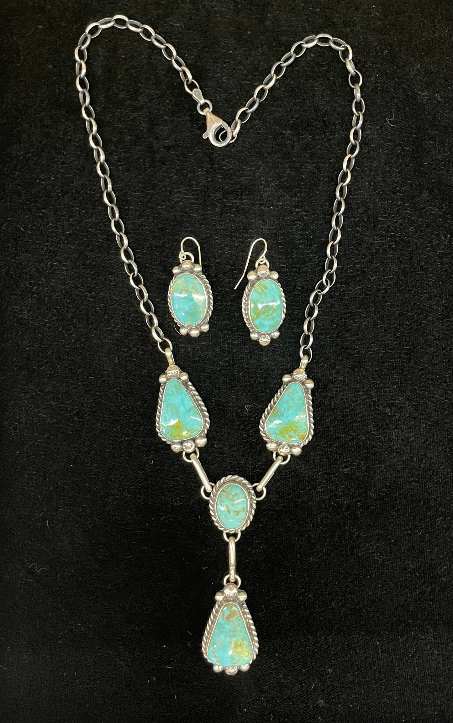 Kingman Turquoise Lariat Style Necklace with Oval Dangle Earrings by Augustine Largo, Navajo