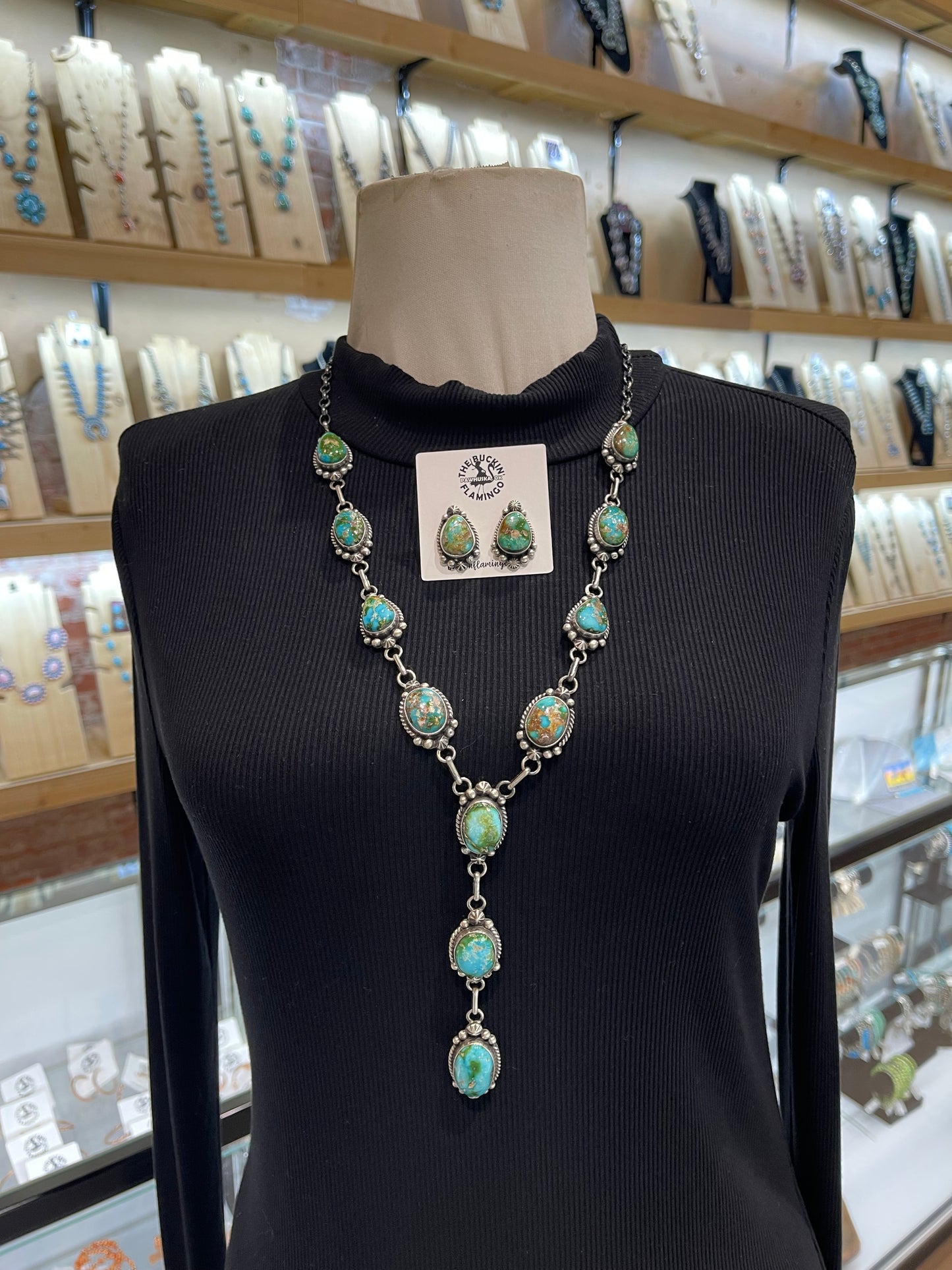 26" + 4.5" Drop Sonoran Gold Turquoise Lariat & Earring Set by Elouise Kee, Navajo