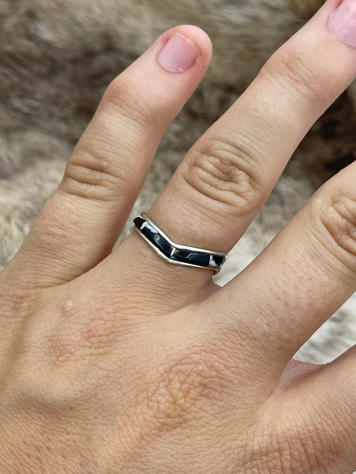 7.0 White Buffalo Inlay Chevron Ring by Jamie Johnson, Navajo