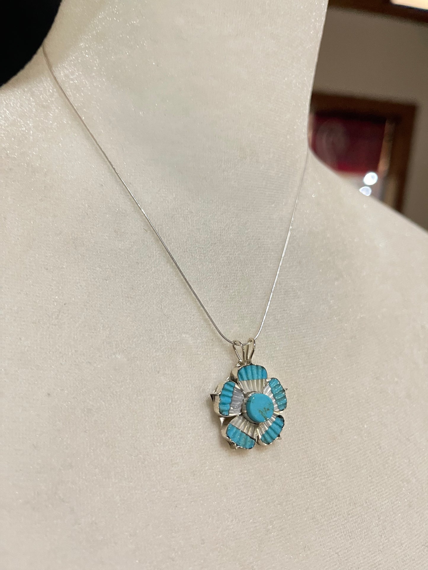 16" Turquoise and Mother of Pearl Flower Pendant Necklace with a 3mm Bale by Marsha Quam, Zuni