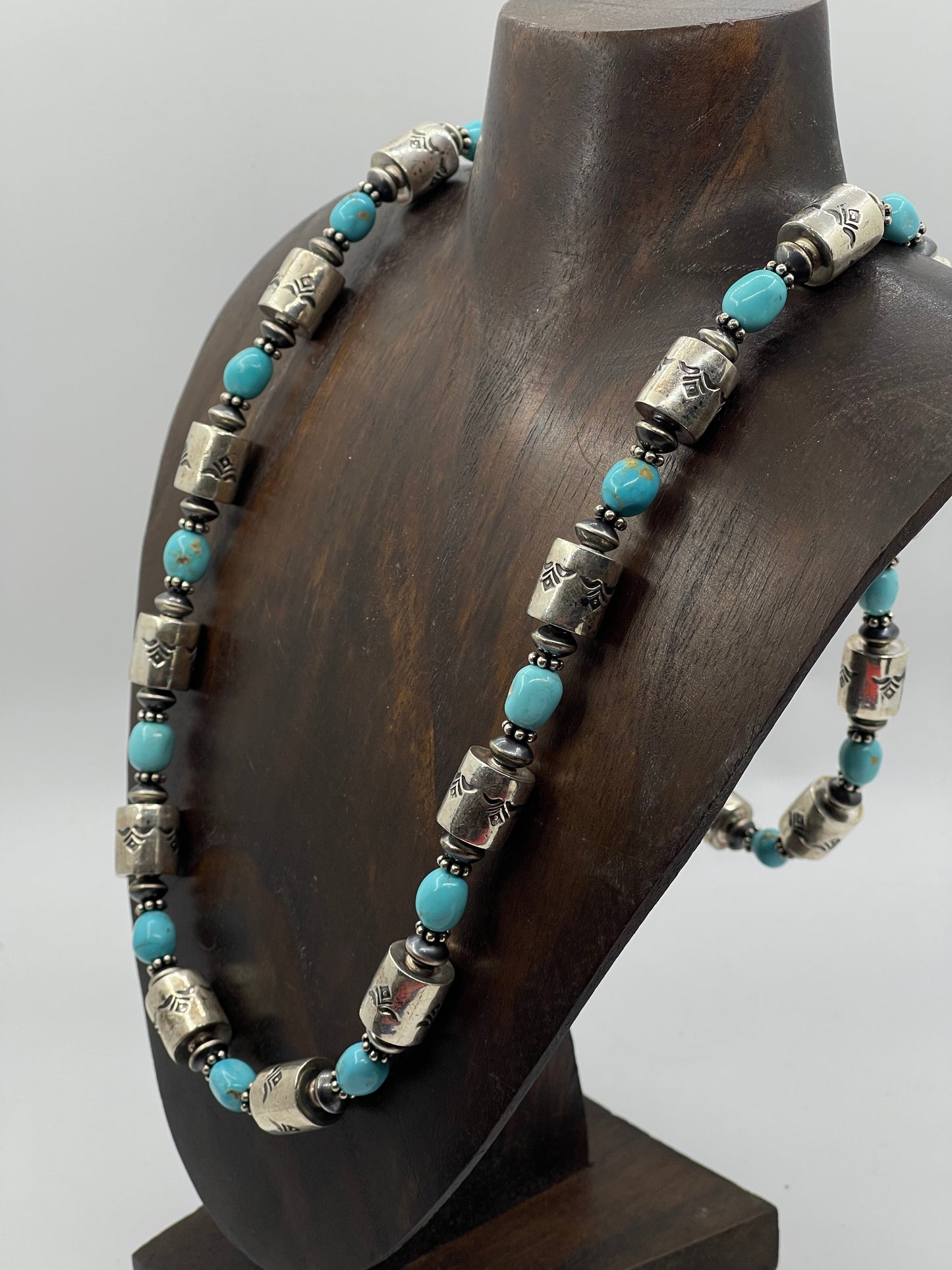 LOT 95 1/25      30" Turquoise and Stamped Sterling Silver Barrel Beads