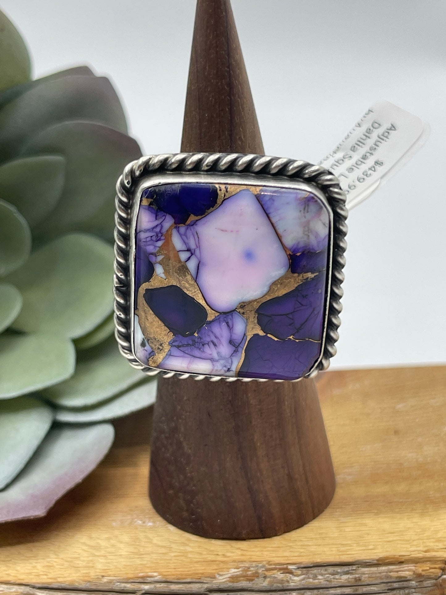 Adjustable Lavender Dahlia Square Ring by Augustine Largo, Navajo