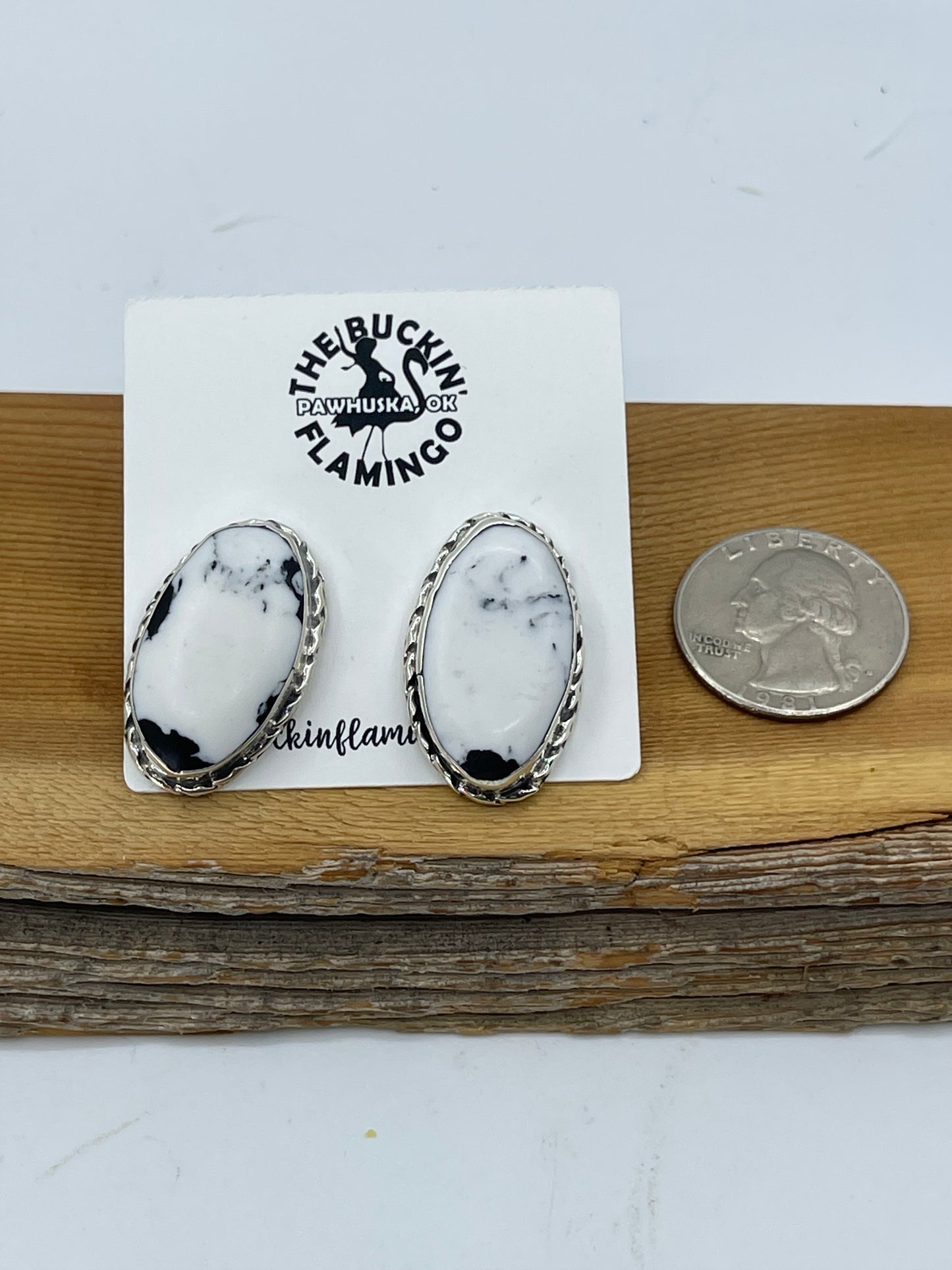 White Buffalo Oval Post Earrings by Mike Dedman, Navajo