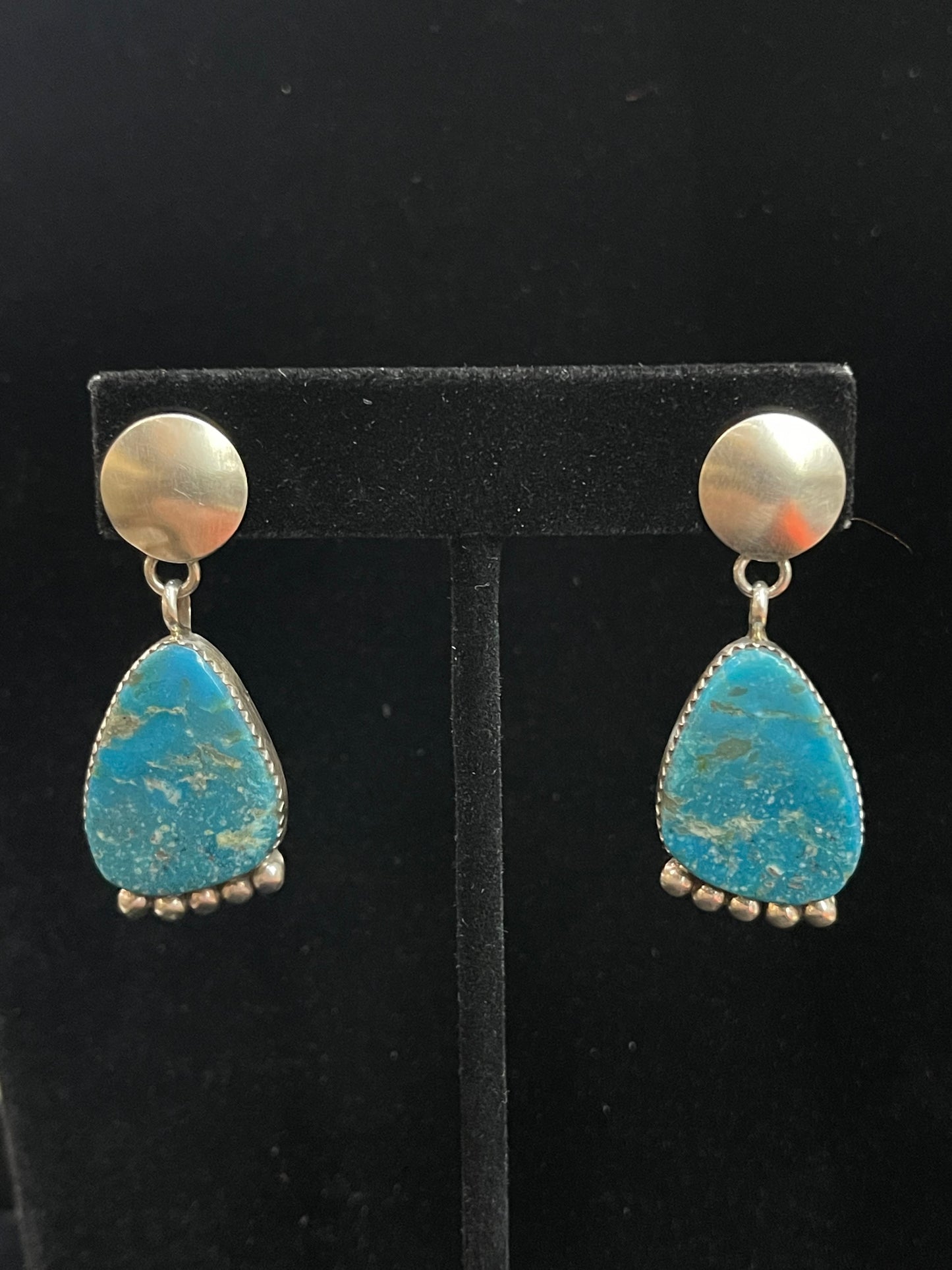 Kingman Turquoise Post Dangle Earrings by Selina Warner, Navajo