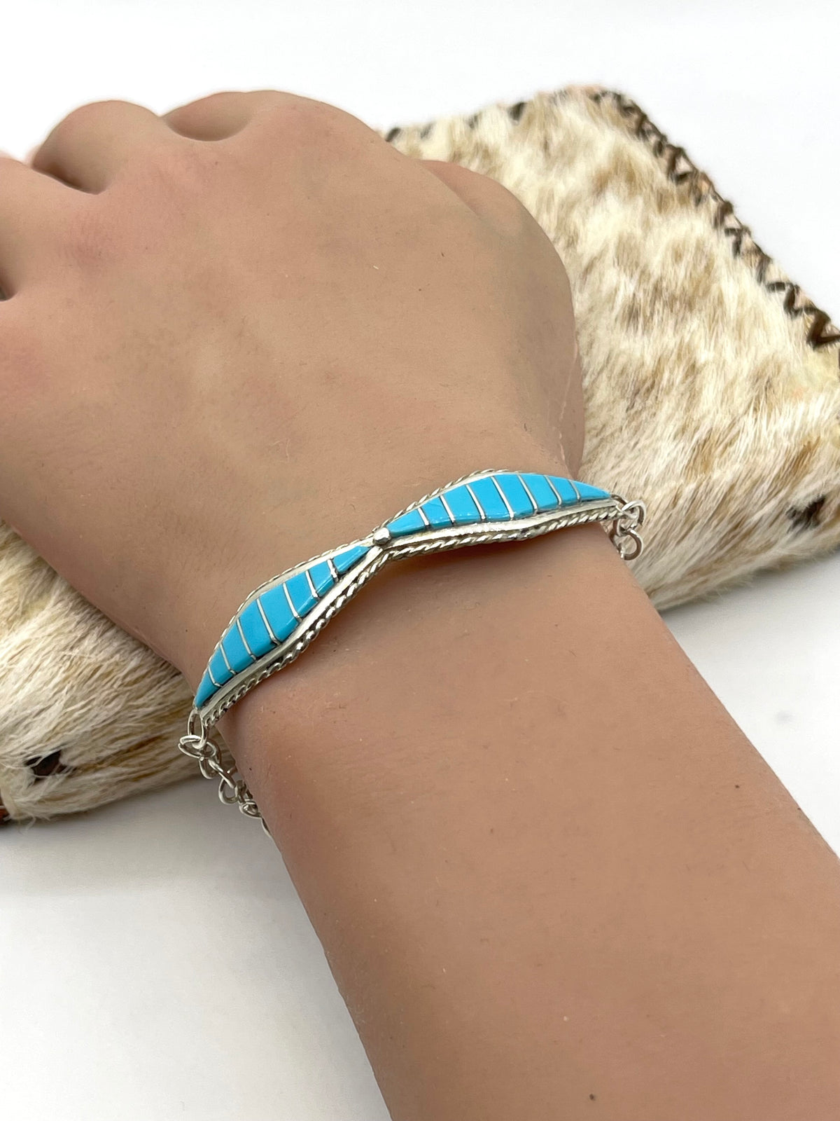 7.5” & Smaller Turquoise Link Bracelet by Jeff Peynetsa, Zuni