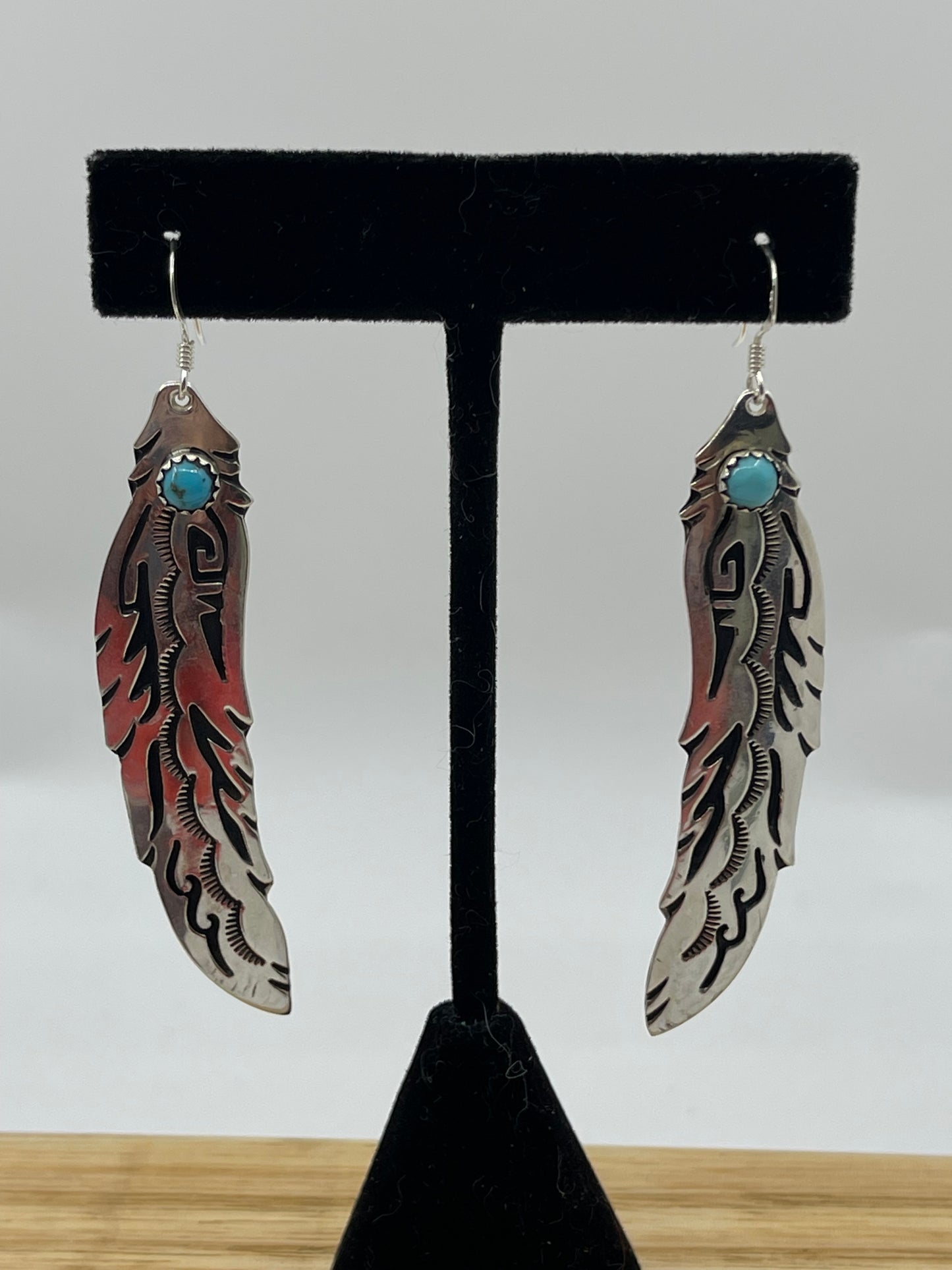 3" Turquoise Silver Overlay Feather Dangle Earrings by Tommy and Rose Singer, Navajo