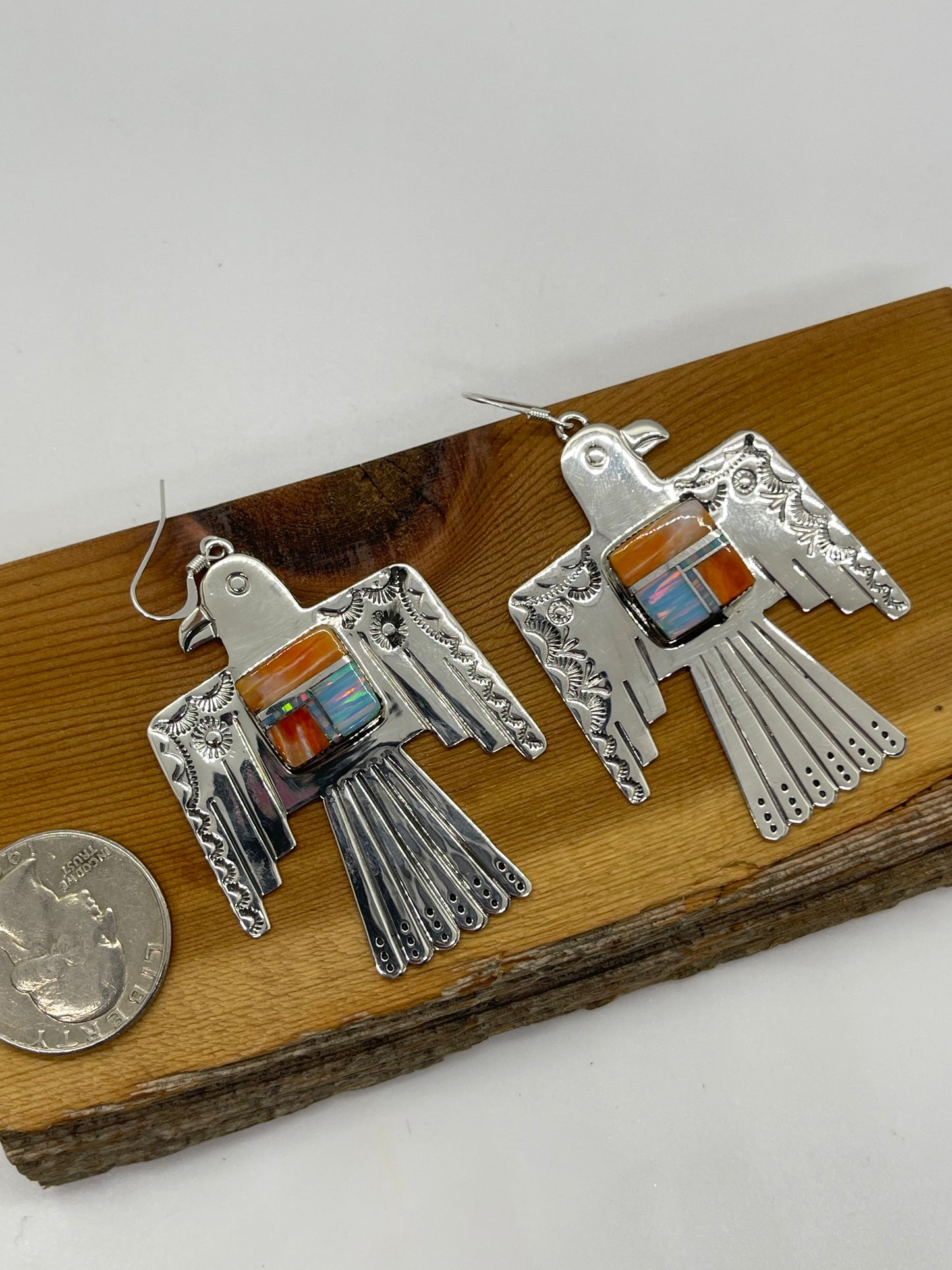 Orange Spiny and White Opal Thunderbird Dangle Earrings by Bobby Platero, Navajo