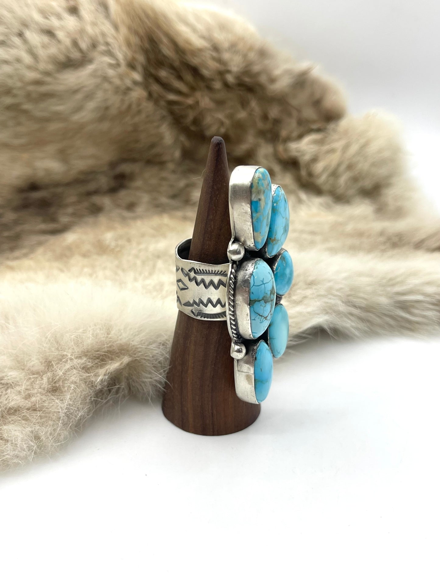 Adjustable (6.0-10.) High Grade Kingman Turquoise Half Cluster Ring by Thompson Piaso, Navajo