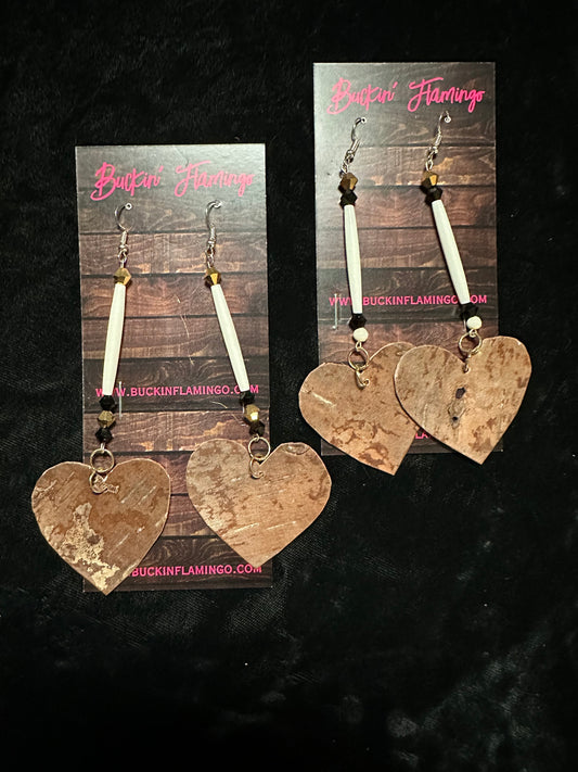 Bone Bead Wood Heart Earrings