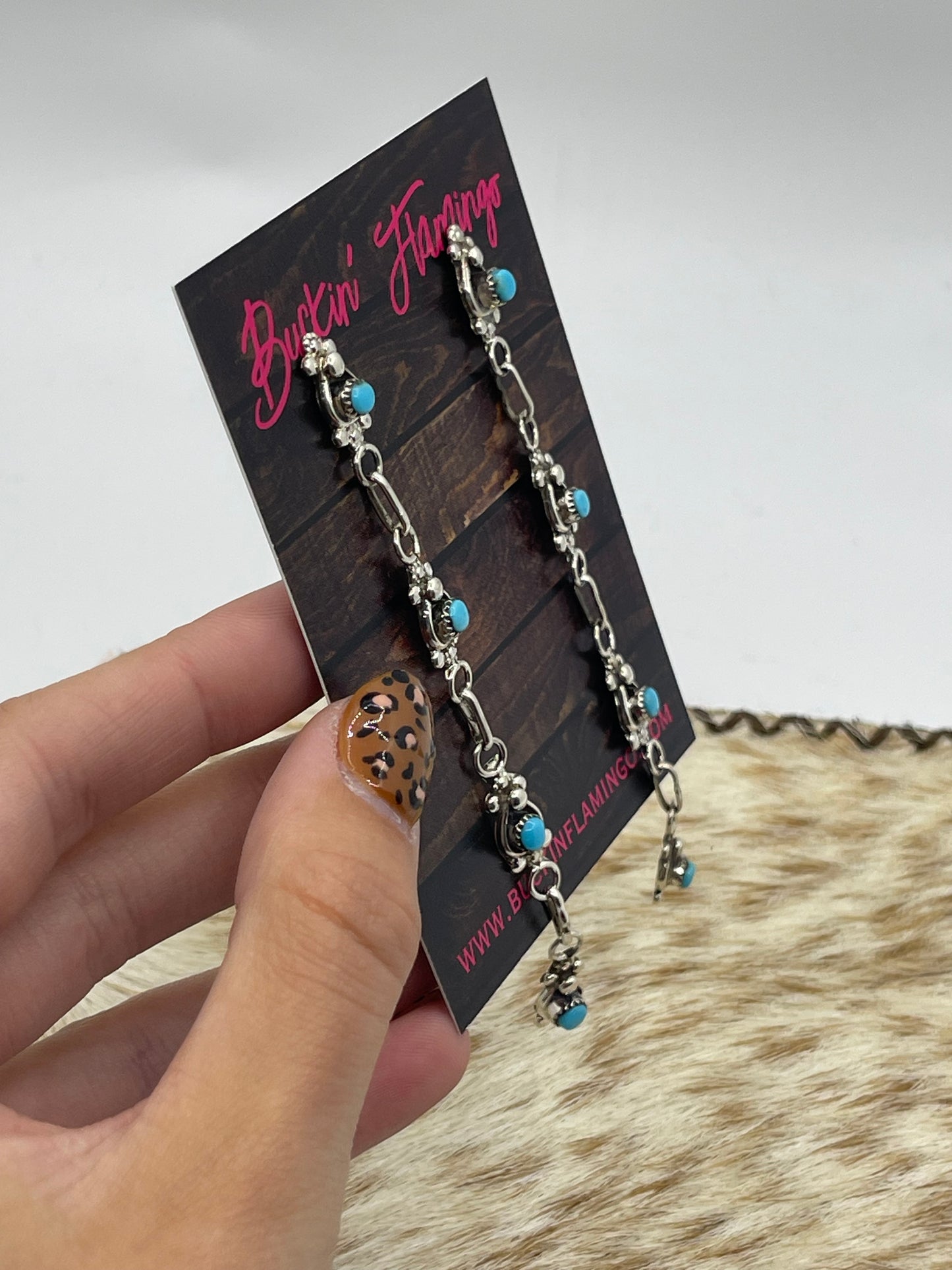 Zuni Turquoise Snake Eye Long Post Dangle Earrings by Verdi Booqua, Zuni
