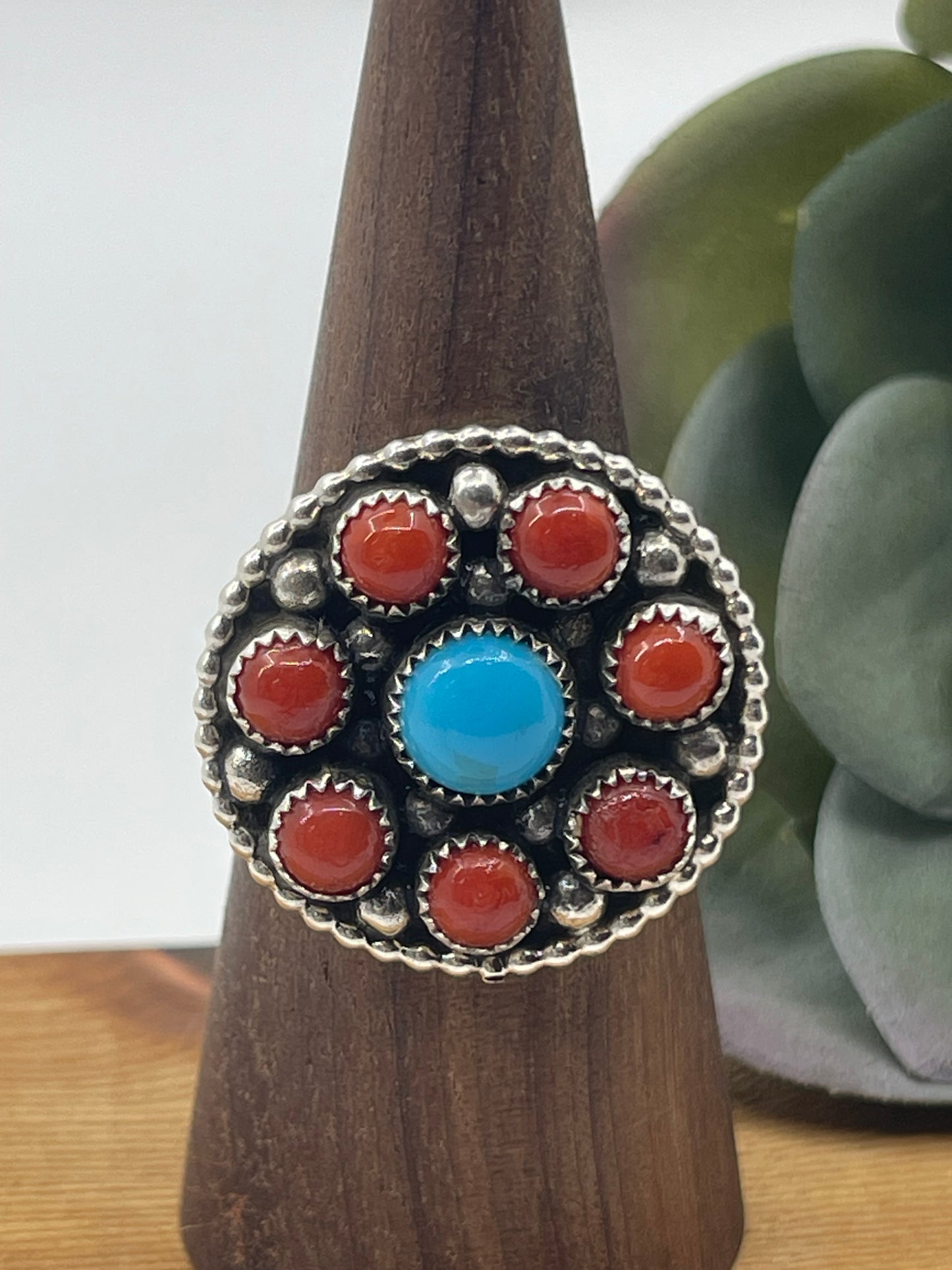 10.0 Coral and Turquoise Cluster Ring, Navajo Made