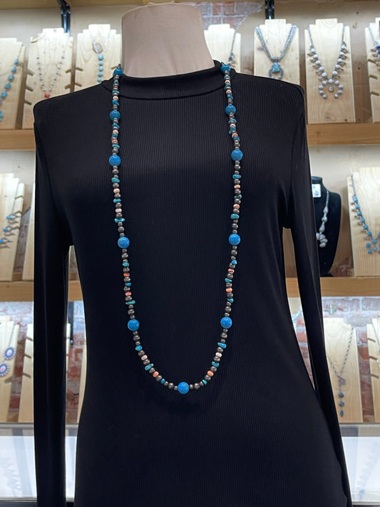 44" Navajo Style Pearls with Turquoise & Spiny Oyster Beads Necklace