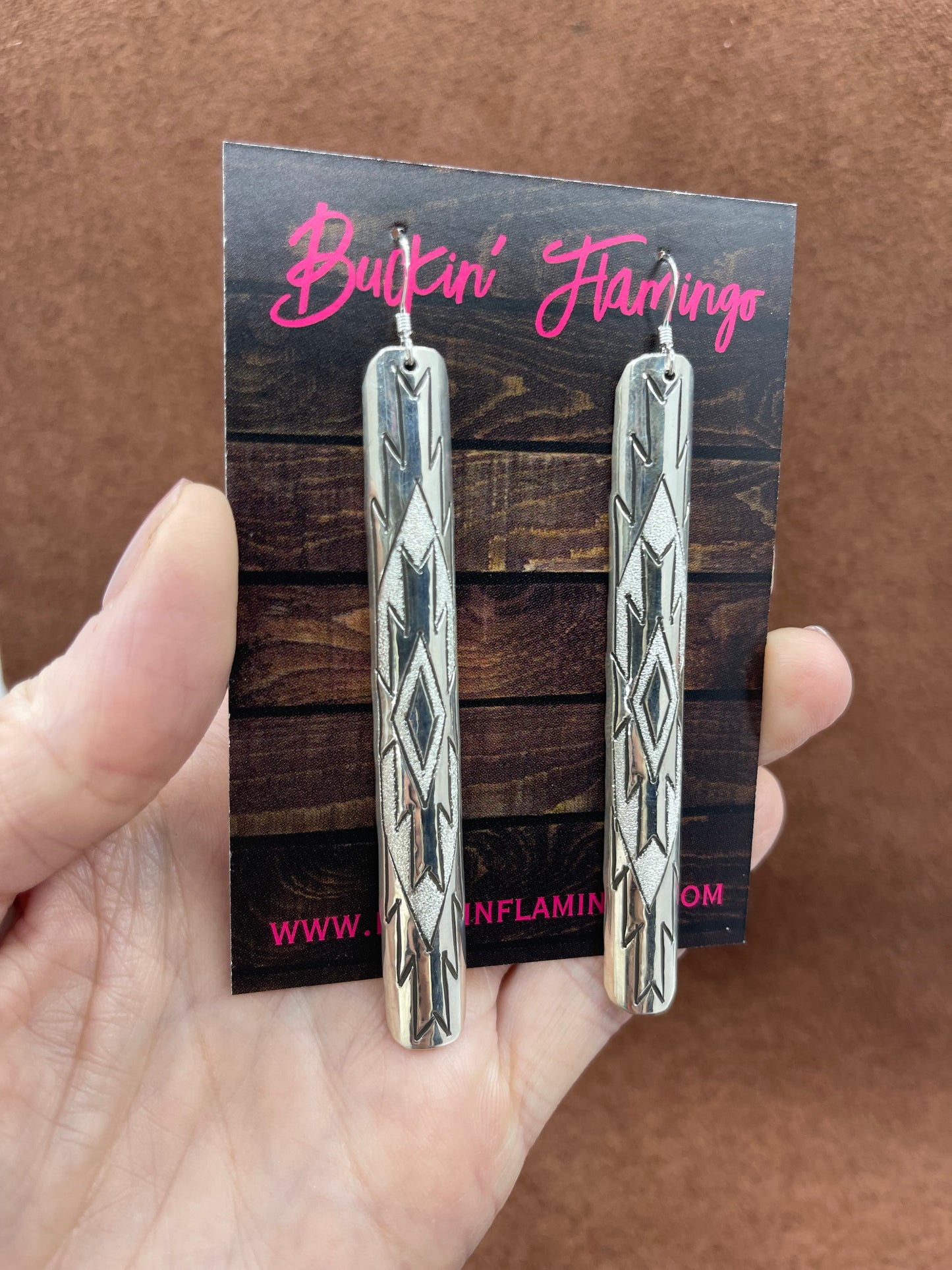 3 1/2" Stamped Silver Long Dangle Earrings by Leny Silversmith, Navajo